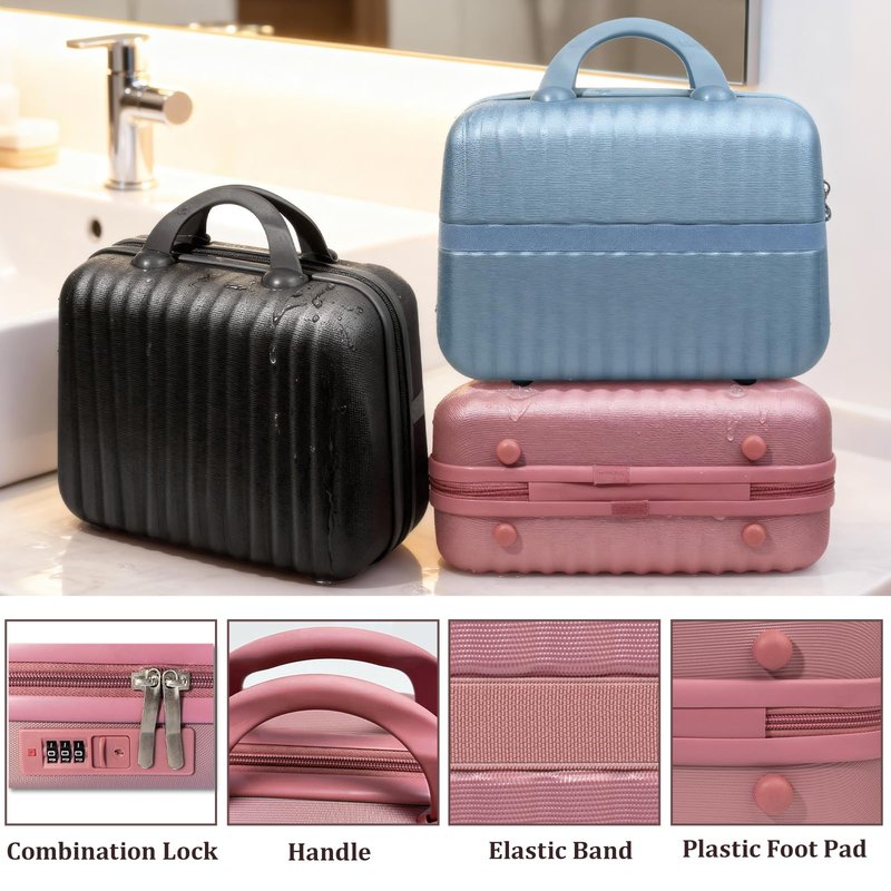 JZRTravel 14 Inch Makeup Train Case with Lock Hard Shell Cosmetic Travel Case w Elastic Strap, ABS Portable Toiletry Bag for Toiletries Make up Storage Case Gift for Women Adult