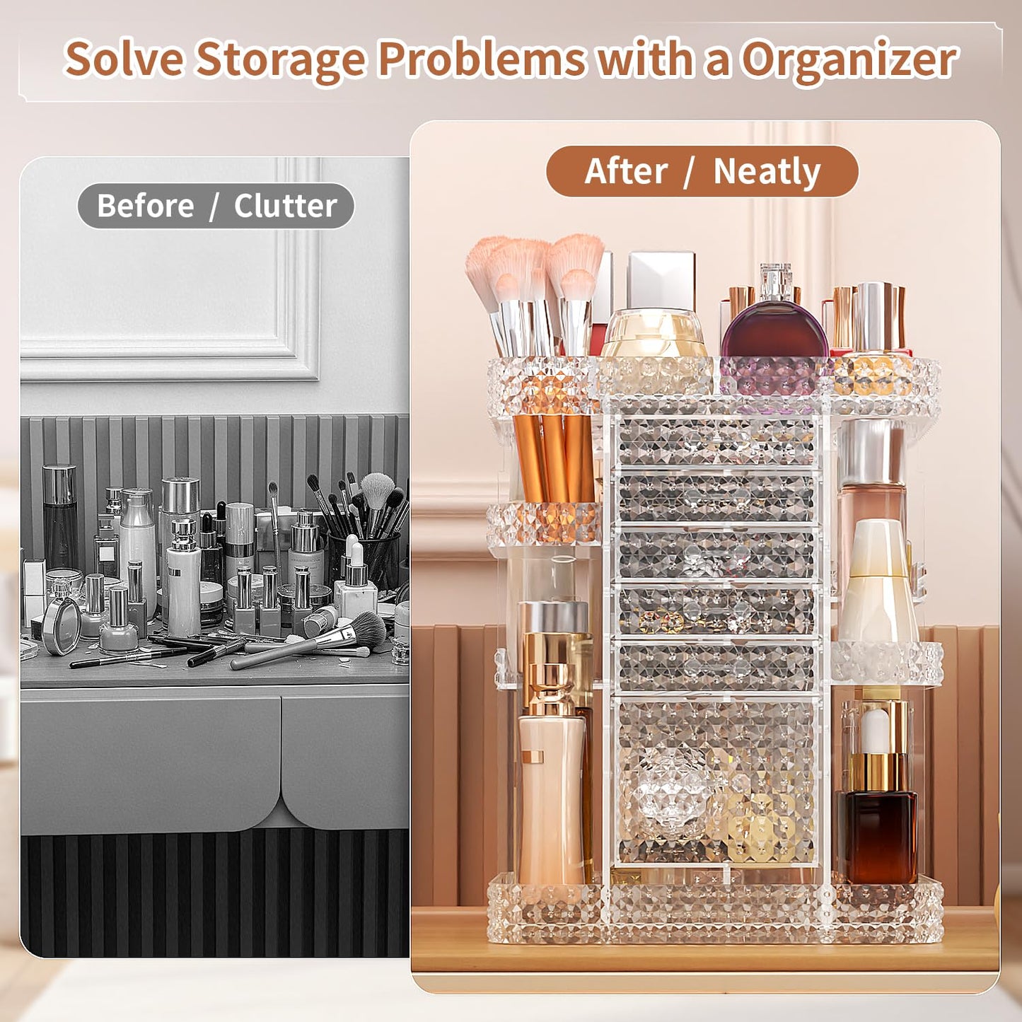 BOCONY 360 Rotating Makeup Organizer for Vanity, Large Skin Care Organizer with 6 Drawers Clear Acrylic Cosmetic Organizer Adjustable Spinning Makeup Storage Perfume Organizer for Dresser (Clear)