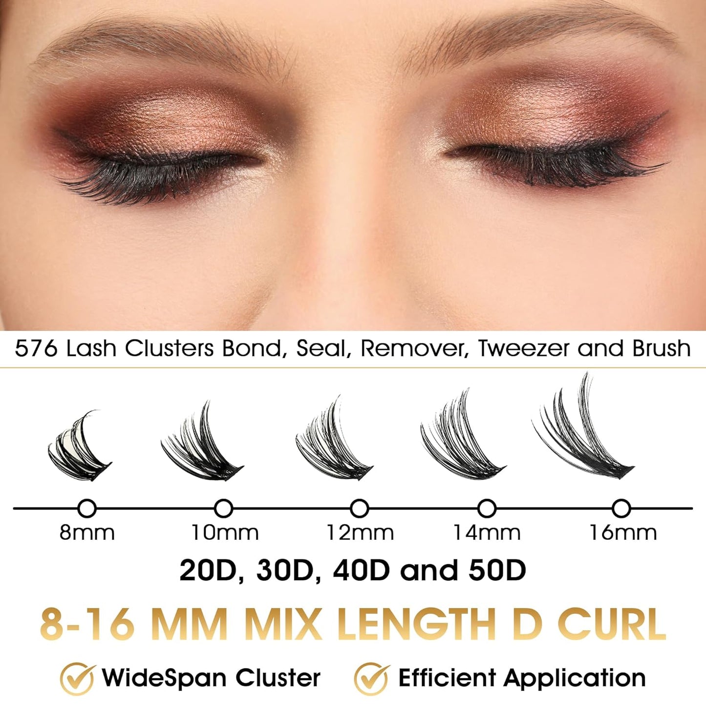 Eyelash Clusters Kit - 576 PCS Natural Mink False Eyelashes | DIY Extensions with Bond, Seal & Applicator, 8-16MM