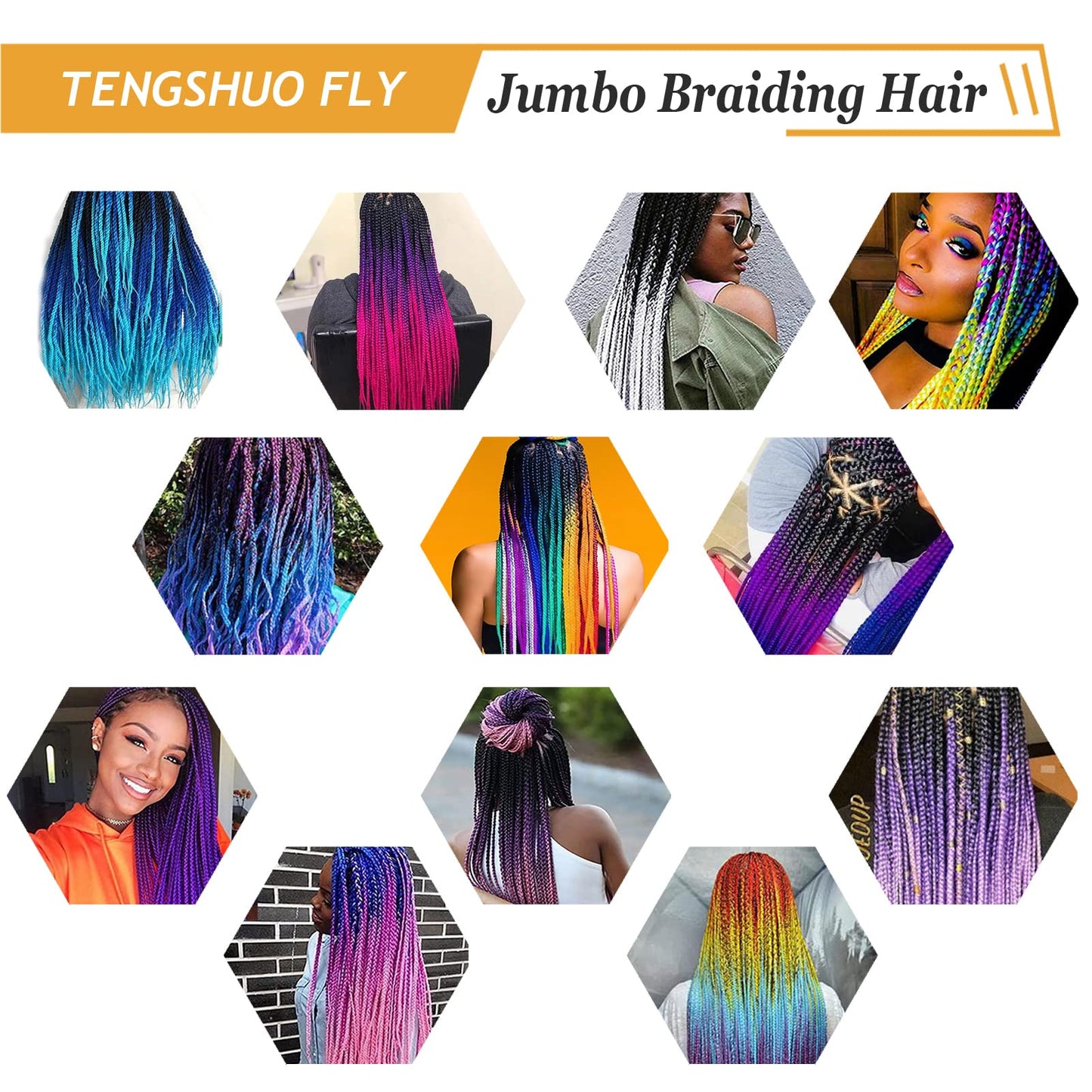 TENGSHUO FLY Rainbow Braiding Hair Extensions 6 Packs/24 Inch Synthetic Jumbo Ombre Box Braiding Hair for Women(in Black, Yellow, Orange, Green, Red, Purple, Blue) (24" 6 Pack)