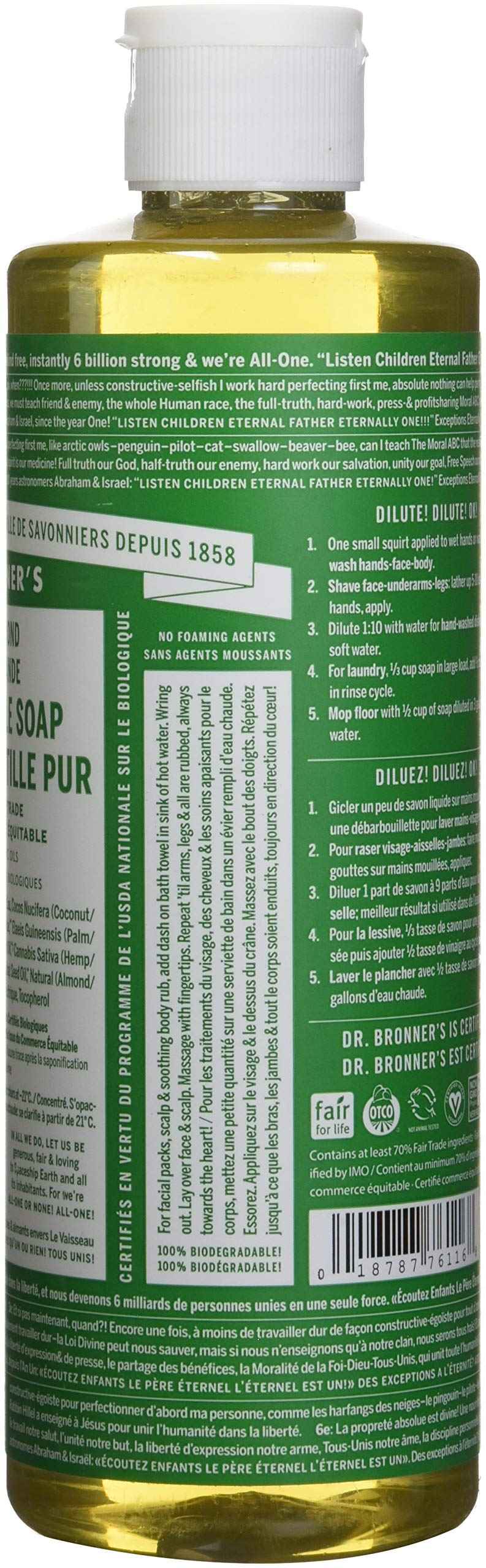 Dr. Bronner's 18-in-1 Hemp Almond Pure-Castile Liquid Soap, 1 Pound (Pack of 1).
