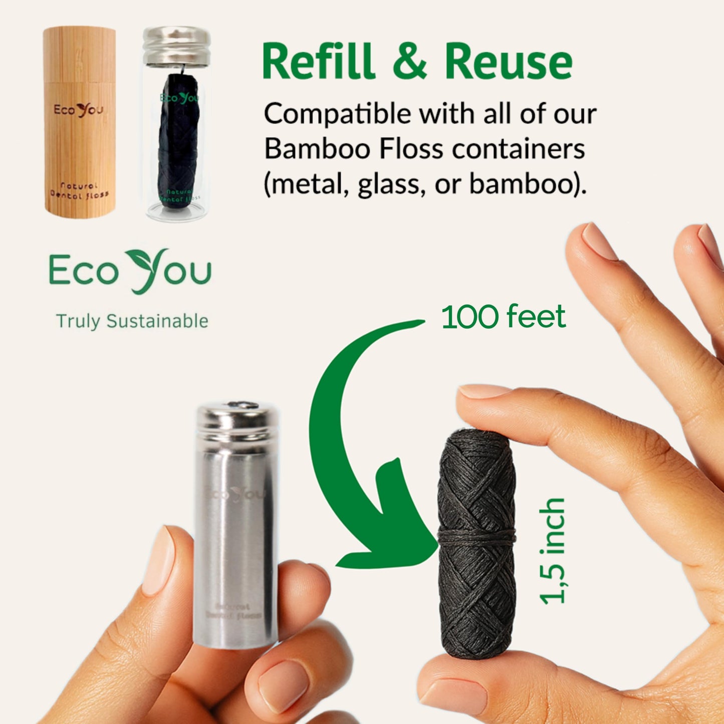 EcoYou Bamboo Charcoal Dental Floss | Mint & Candelilla Wax | Vegan & Biodegradable