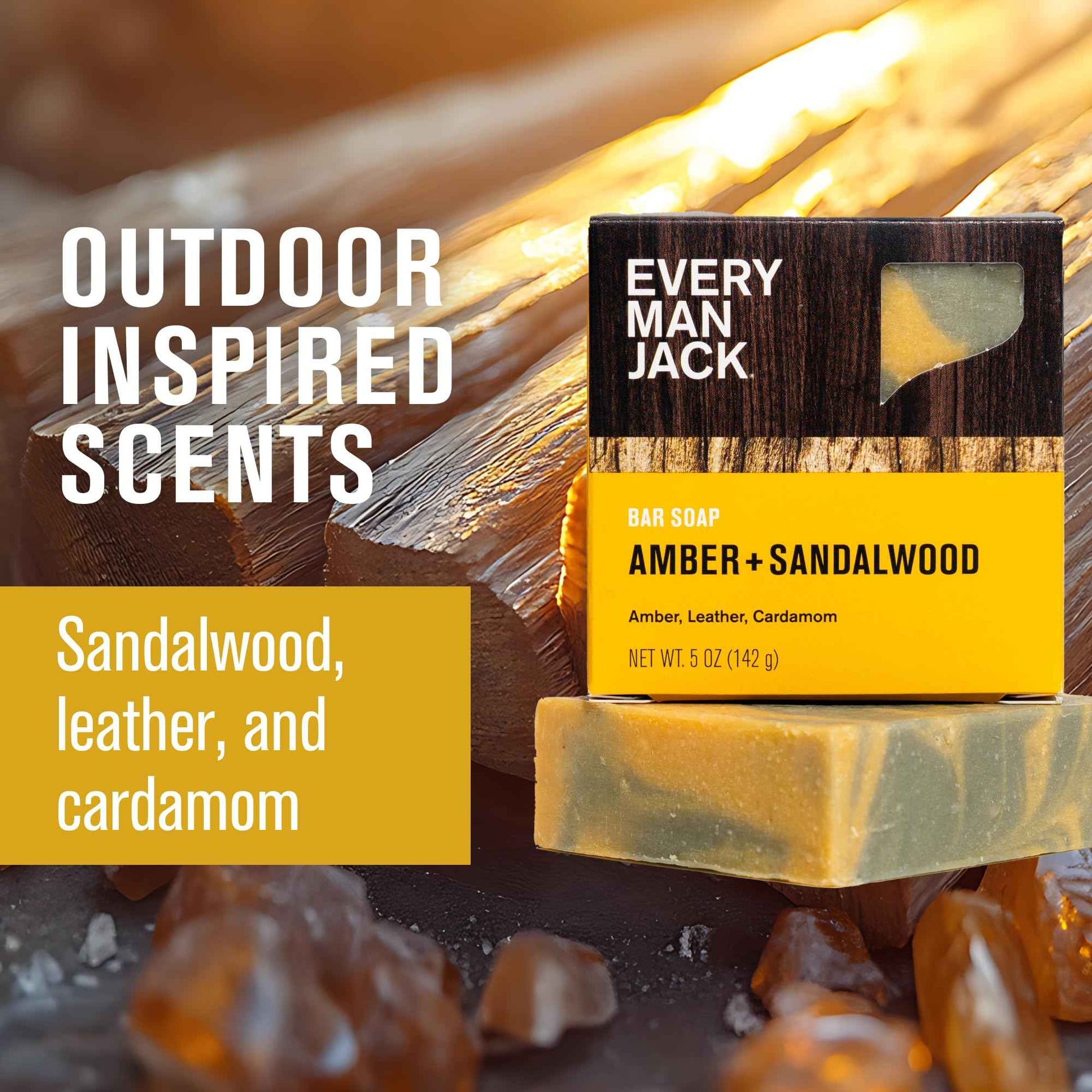 Every Man Jack Cold Processed Mens Bar Soap - Subtle Amber + Sandalwood Scent - Deeply Cleans & Hydrates w/Naturally Derived Ingredients - (3 Pack)