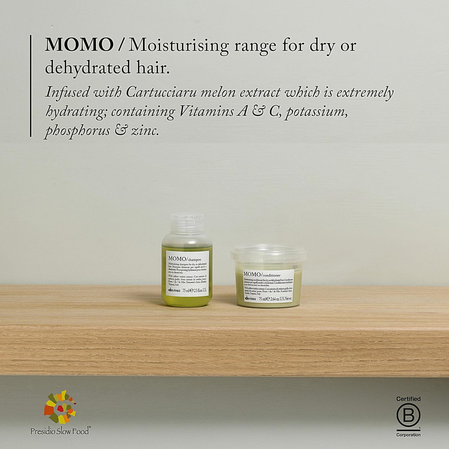 Davines MOMO Conditioner, Moisturizing Untangling Formula for Dry and Dehydrated Hair - Promoting Lasting Hydration, Softness, and Shine with Melon Extract, Travel Size, 2.54 Fl Oz