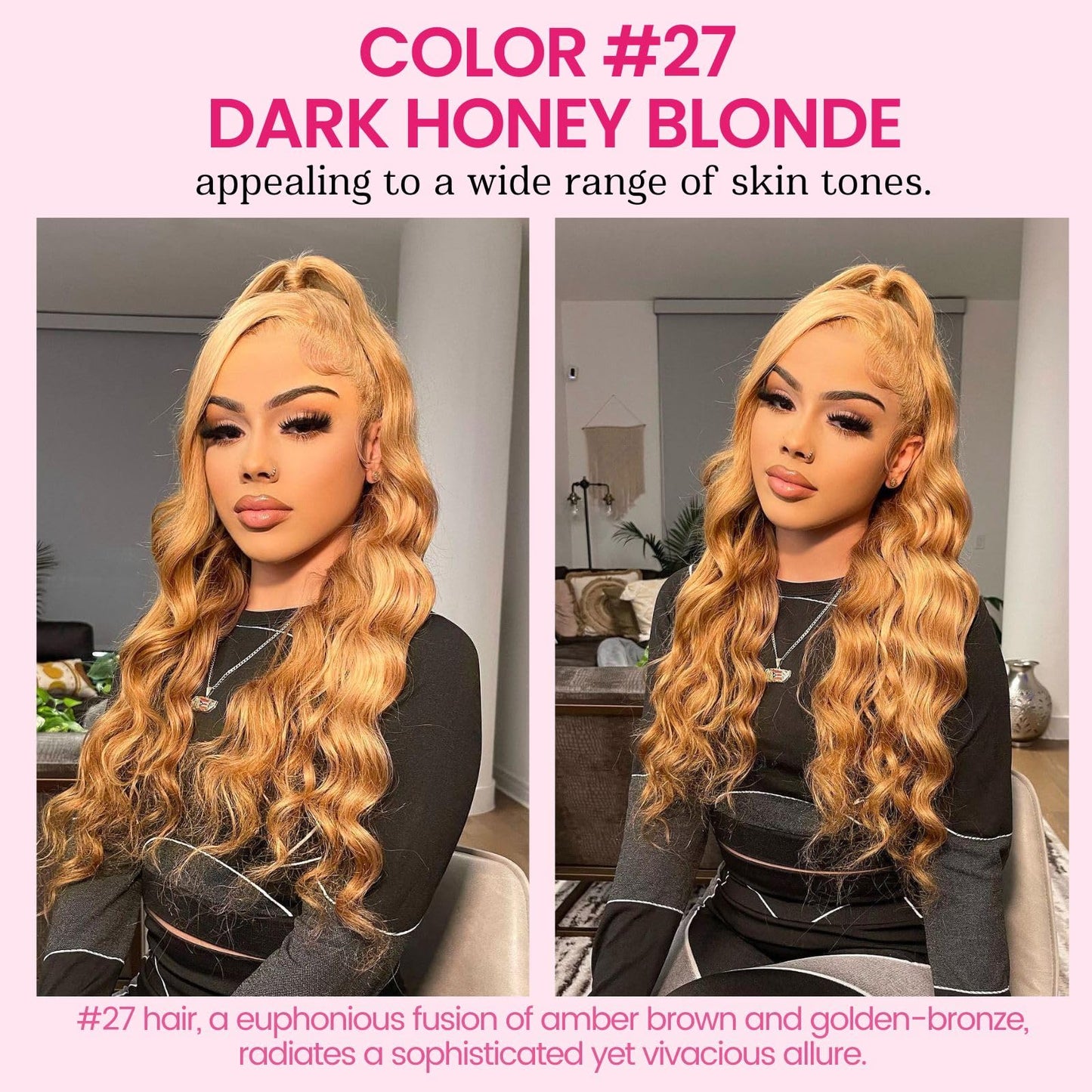ALHER Honey Blonde 4x4 Closure Human Hair Body Wave, Color #27 Sun-kissed Vibe Golden Blonde Wavy Free Part Melt 4x4 HD Closure, 12A 100% Virgin Remy Real Human Hair Pre Plucked With Baby Hair 10 Inch