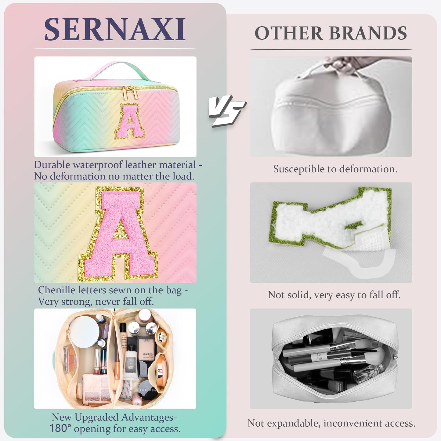 Personalized Initial Travel Makeup Bag | Trendy Girls Make up bags, Large Capacity Colorful Cosmetic Bag Organizer for Women, Leather Waterproof Open Flat Toiletry Bags for Teen friends Gifts - E