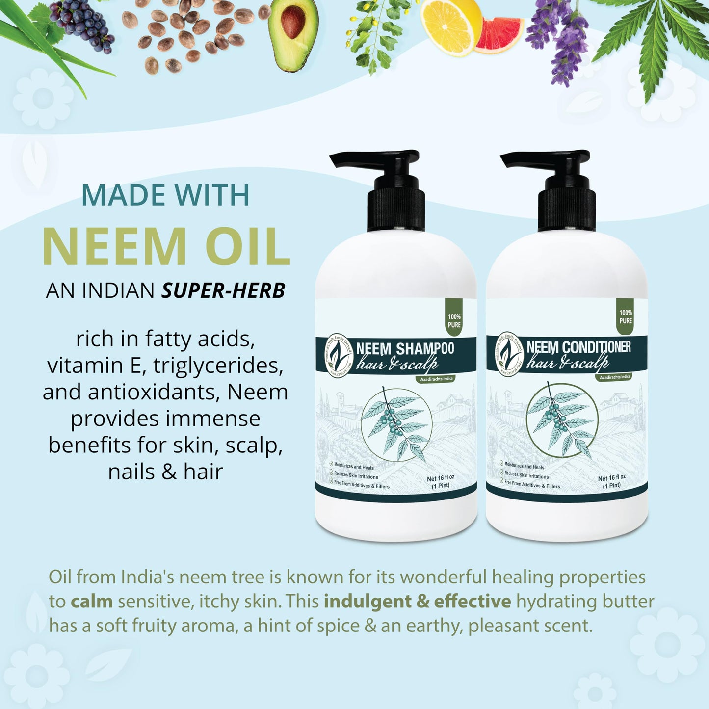 Zatural Natural Neem Shampoo & Conditioner Kit, Health Soothing & Healing For Sensative Scalp & Hair Nourish & Repair (16oz Shampoo & 16oz Conditioner)