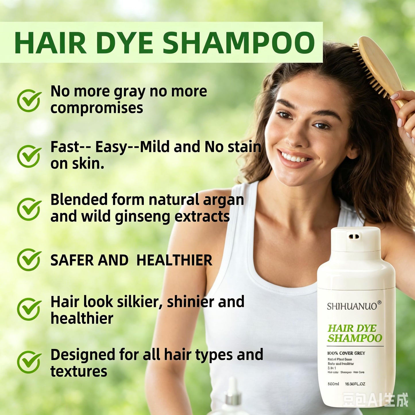 SHIHUANUO Black Hair Dye Shampoo for Gray Hair,100% Grey Coverage Easy to dye,long-lasting& Non-irritating,Hair Color for Women & Men/Ammonia-Free 500ml