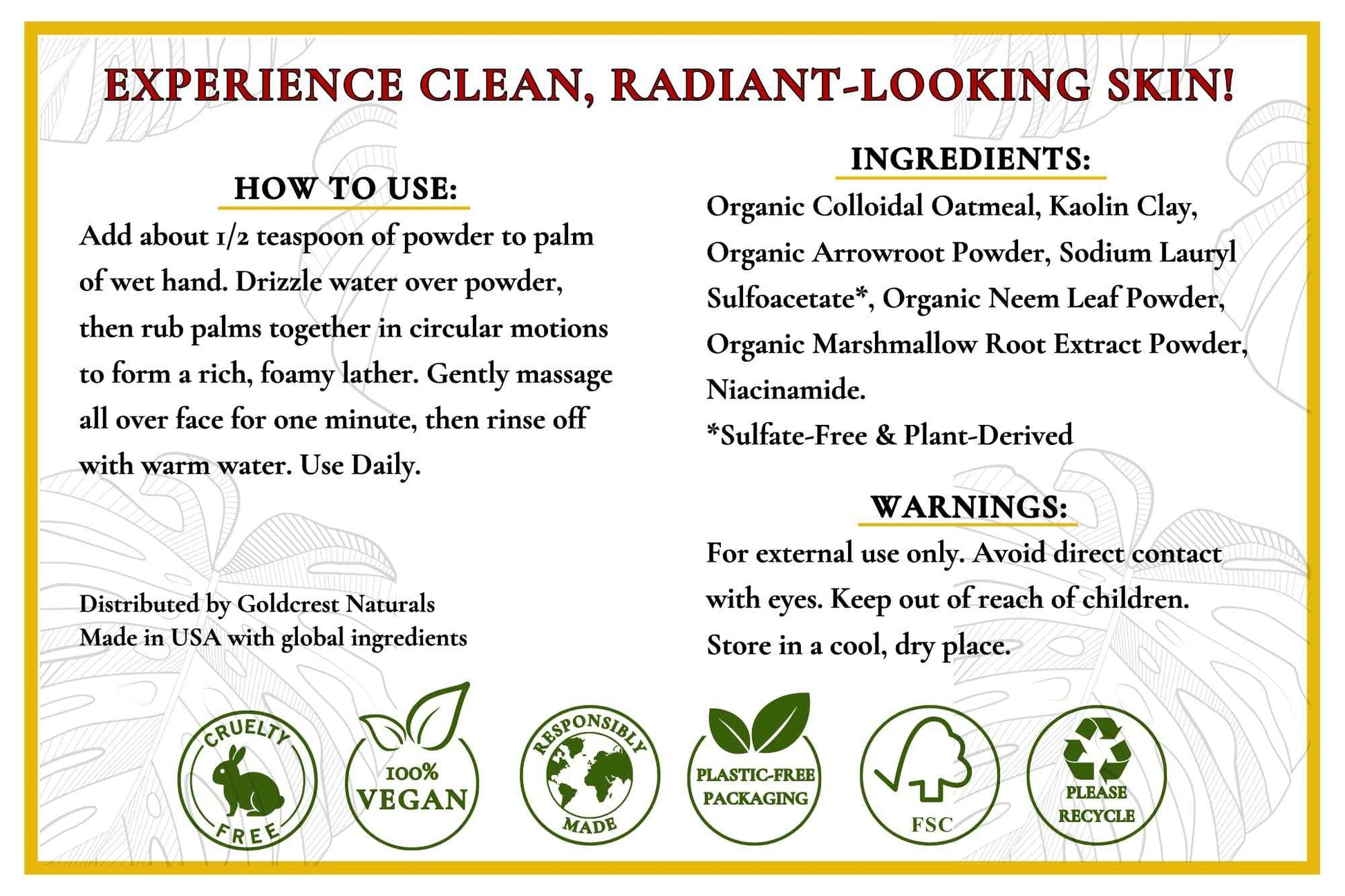 Goldcrest Naturals Natural Face Wash Powder–Waterless Cleanser for Acne-Prone, Oily, Sensitive Skin–Cruelty-Free, Plant-Based, Preservative-Free–Gently Exfoliates with Organic Neem & Niacinamide, 2oz