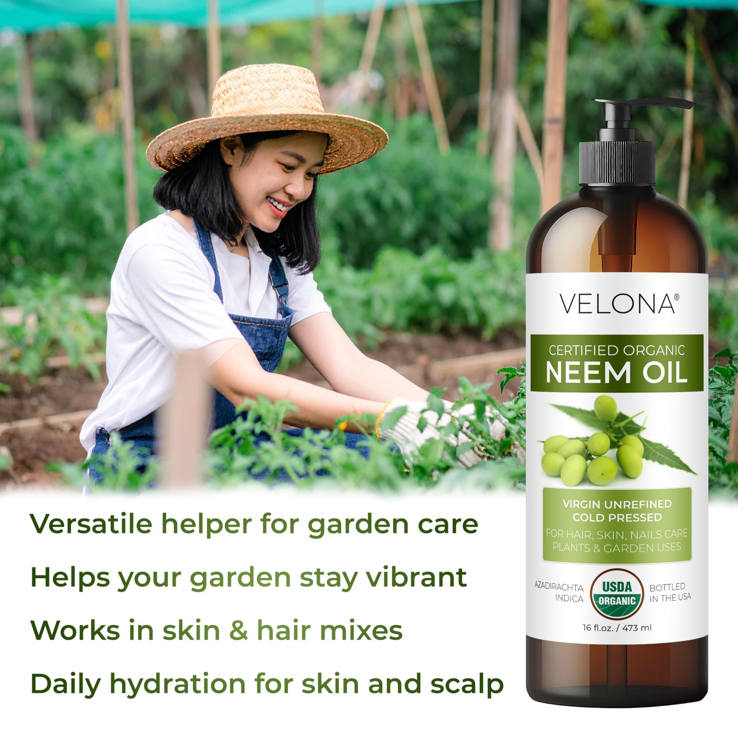 velona Neem Oil USDA Certified Organic - 64 Fl Oz | 100% Pure and Natural Carrier Oil | Virgin, Unrefined, Cold Pressed | Hair, Body and Skin Care | Use Today - Enjoy Results