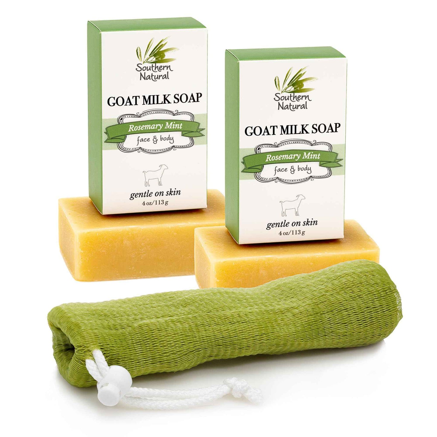 Southern Natural Handmade Goat Milk Soap Bar - Nourishing Cleanser for Dry and Sensitive Skin, Homemade Face & Body Wash with Rosemary Mint, Spearmint Essential Oil, 2-Pack (4-4.5 oz)