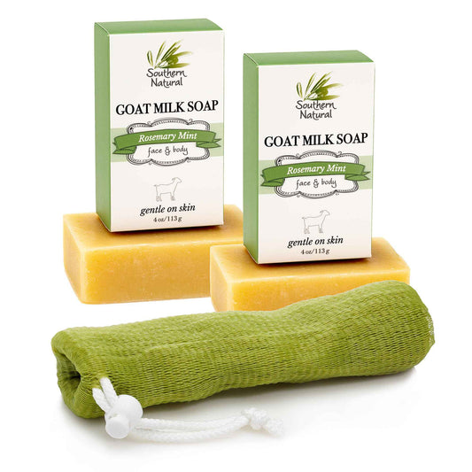 Southern Natural Handmade Goat Milk Soap Bar - Nourishing Cleanser for Dry and Sensitive Skin, Homemade Face & Body Wash with Rosemary Mint, Spearmint Essential Oil, 2-Pack (4-4.5 oz)