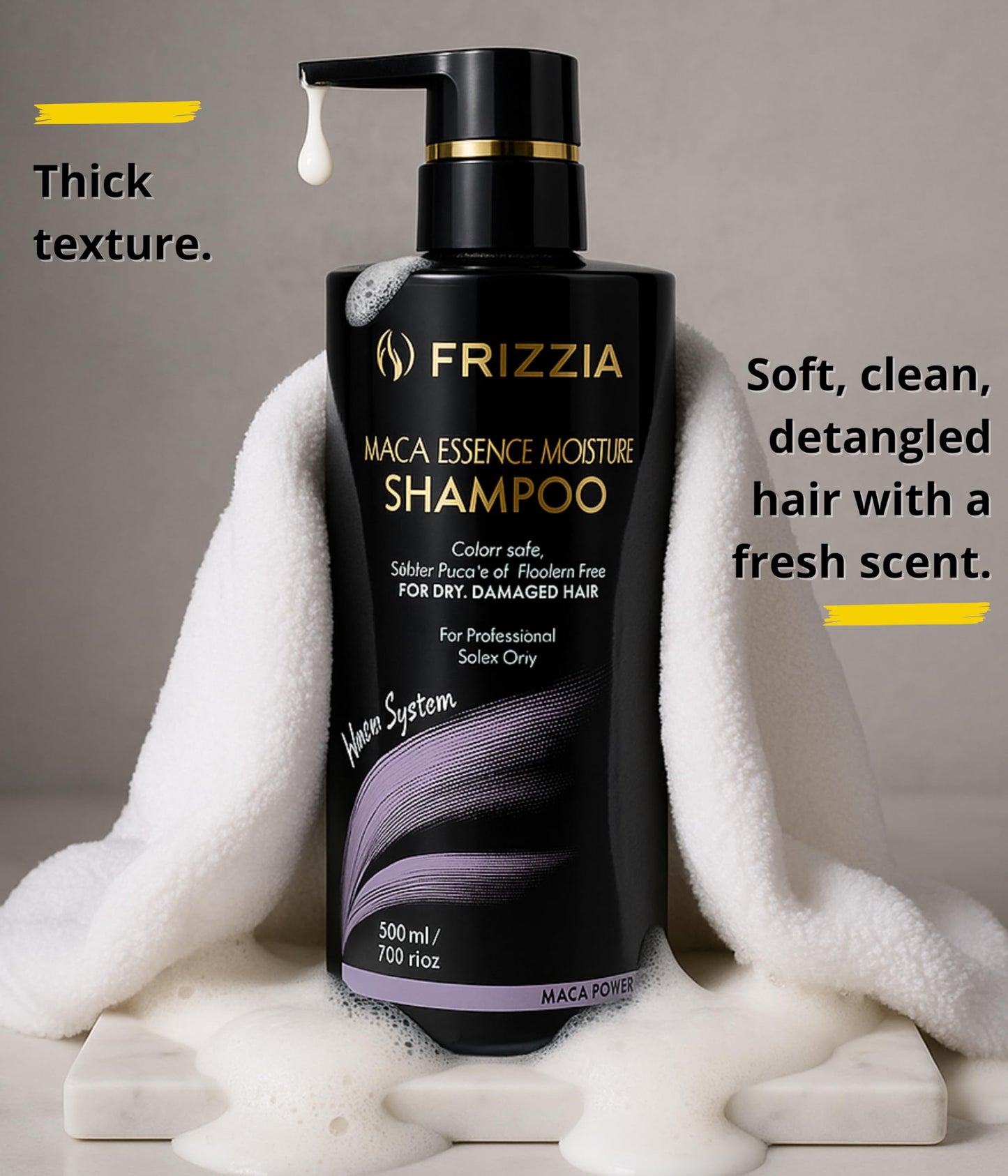 Frizzia PROFESSIONAL Shampoo with Maca, Argan and Vegetable Collagen | Repairs and Strengthens Damaged Hair | Opens Cuticles, Softens and Nourishes All Hair Types | 500ml