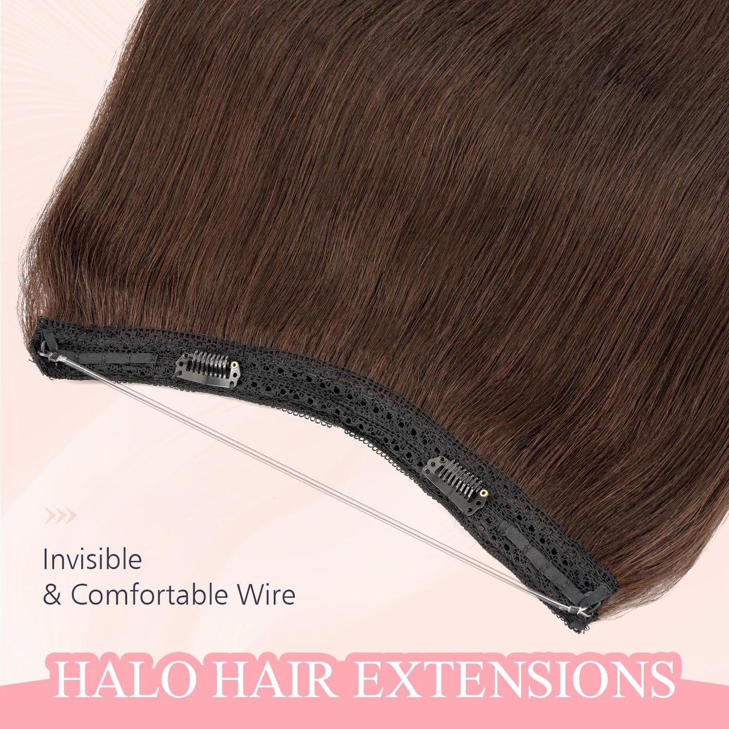 TESS Halo Hair Extensions Real Human Hair Remy Hair 12 Inch Straight Adjustable Invisible Wire Easy to Use Clip in, Dark Brown