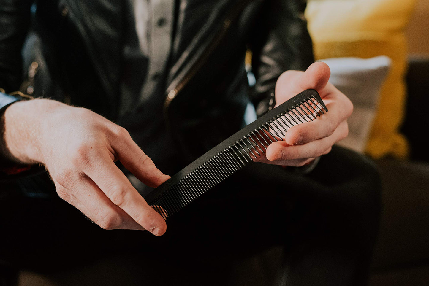 Chicago Comb Model 6 Carbon Fiber Comb + English Tan Horween leather sheath, Made in USA, ultimate styling comb, for men & women, smooth strong & light, anti-static, premium leather sheath