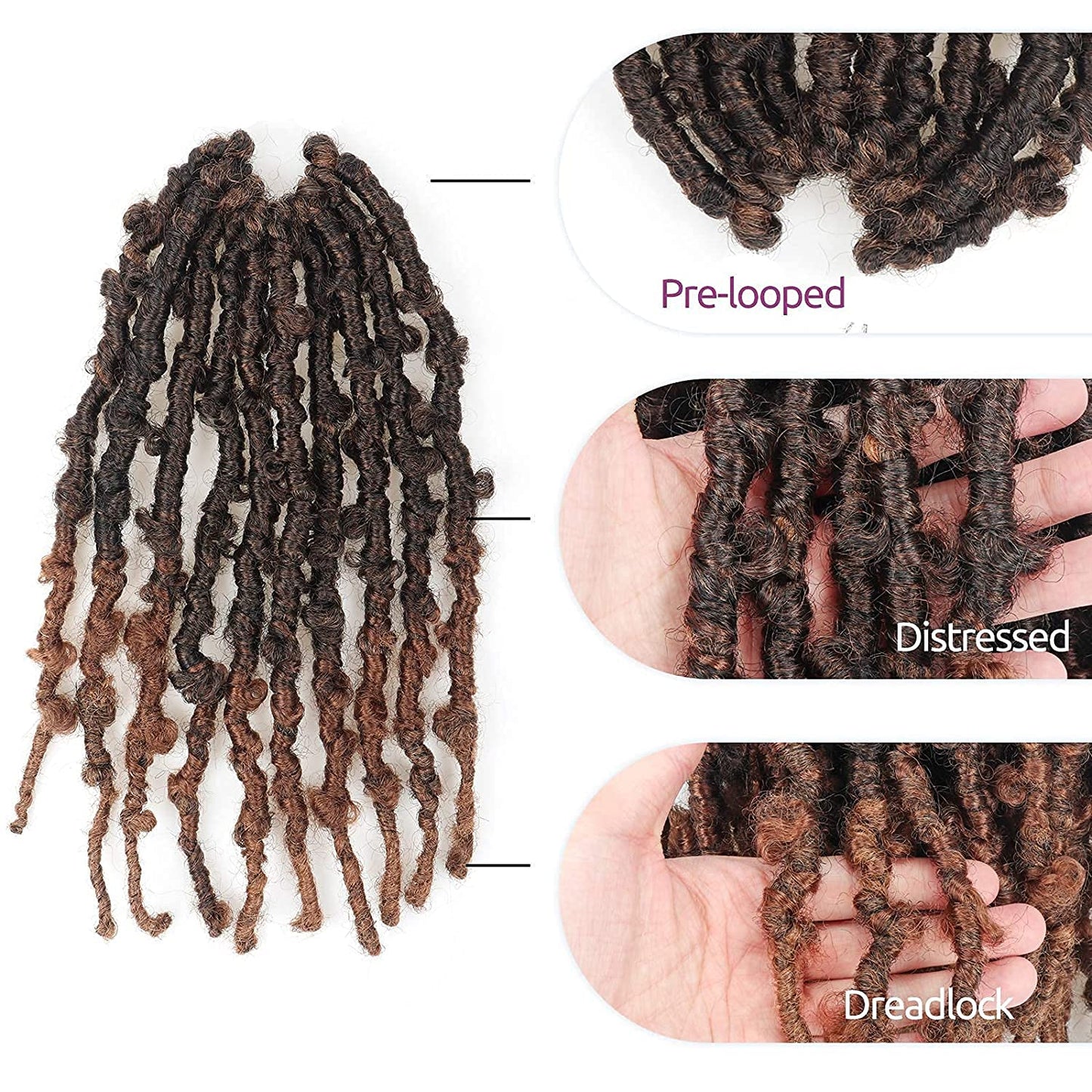 Toyotress Butterfly Locs Crochet Hair - 10 inch 7Pcs Ombre Brown Pre-twisted Distressed Crochet Braids, Short Bob Faux Locs Pre-looped Synthetic Braiding Hair Extensions (10 Inch, T30-7P)