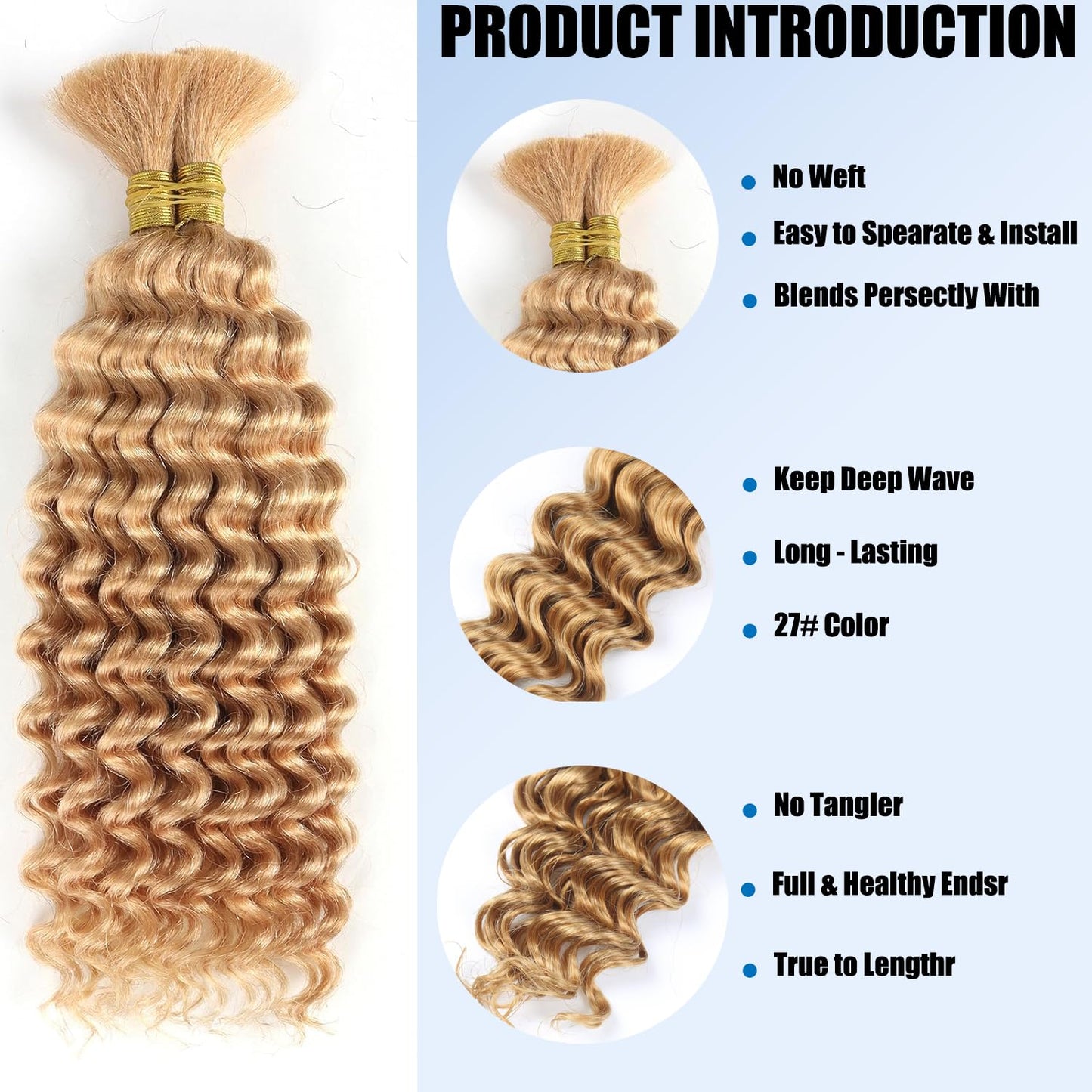 Human Braiding Hair - 24 Inch Deep Wave Extensions | 100g Bulk No Weft for Boho Box Braids - #27 Honey Blonde