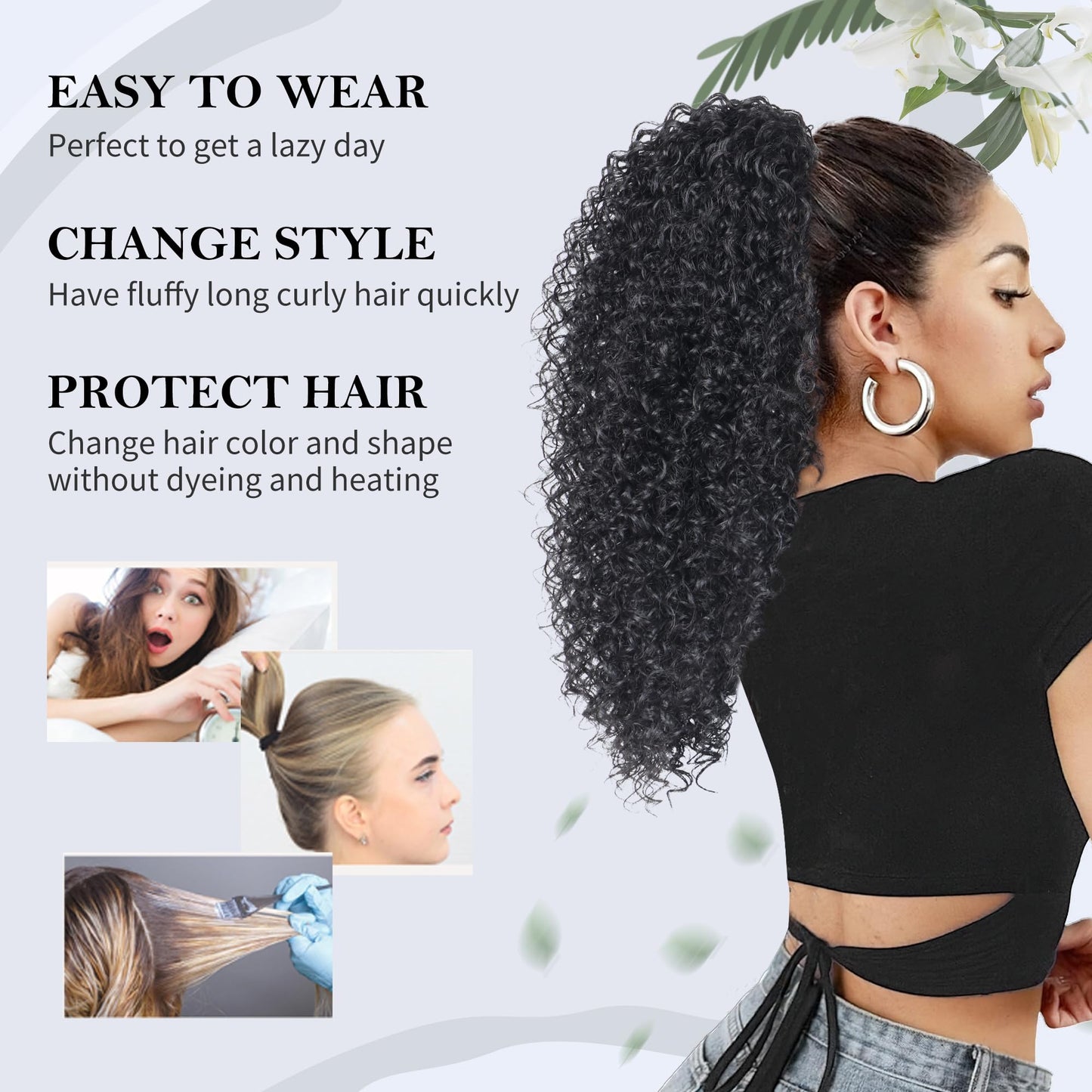 Alebery 20 Inch Drawstring Ponytail Extension for Black Women Deep Curly Ponytail Extension Synthetic Mixed with Human Hair Hairpieces Afro Kinky Curly Pony Tail for Daily Use (Black)