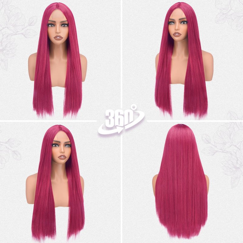 BARSDAR Long Straight Hot Pink Wig - Long Straight Middle Part Hot Pink Wigs for Women - 28 Inch Natural Looking Thick Soft Synthetic Daily Party Halloween Kpop Mira Costume Wig