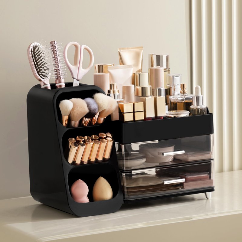 HBlife Cologne Organizer for Men Makeup Organizer with Brush Holder for Vanity, Large Plastic Bathroom Countertop Organizer Skin Care Storage, Fathers Day Gift for Dad Husband, Black