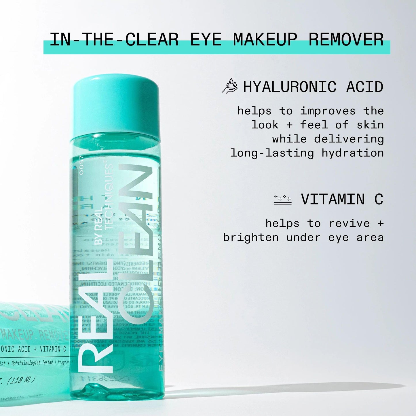 Real Techniques Real Clean In-The-Clear Eye Makeup Remover, Gentle Liquid Makeup Remover, Skin Repair Ingredients, Hyaluronic Acid & Vitamin C, Vegan & Cruelty-Free, 4 fl.oz./110 mL Bottle (Pack of 2)
