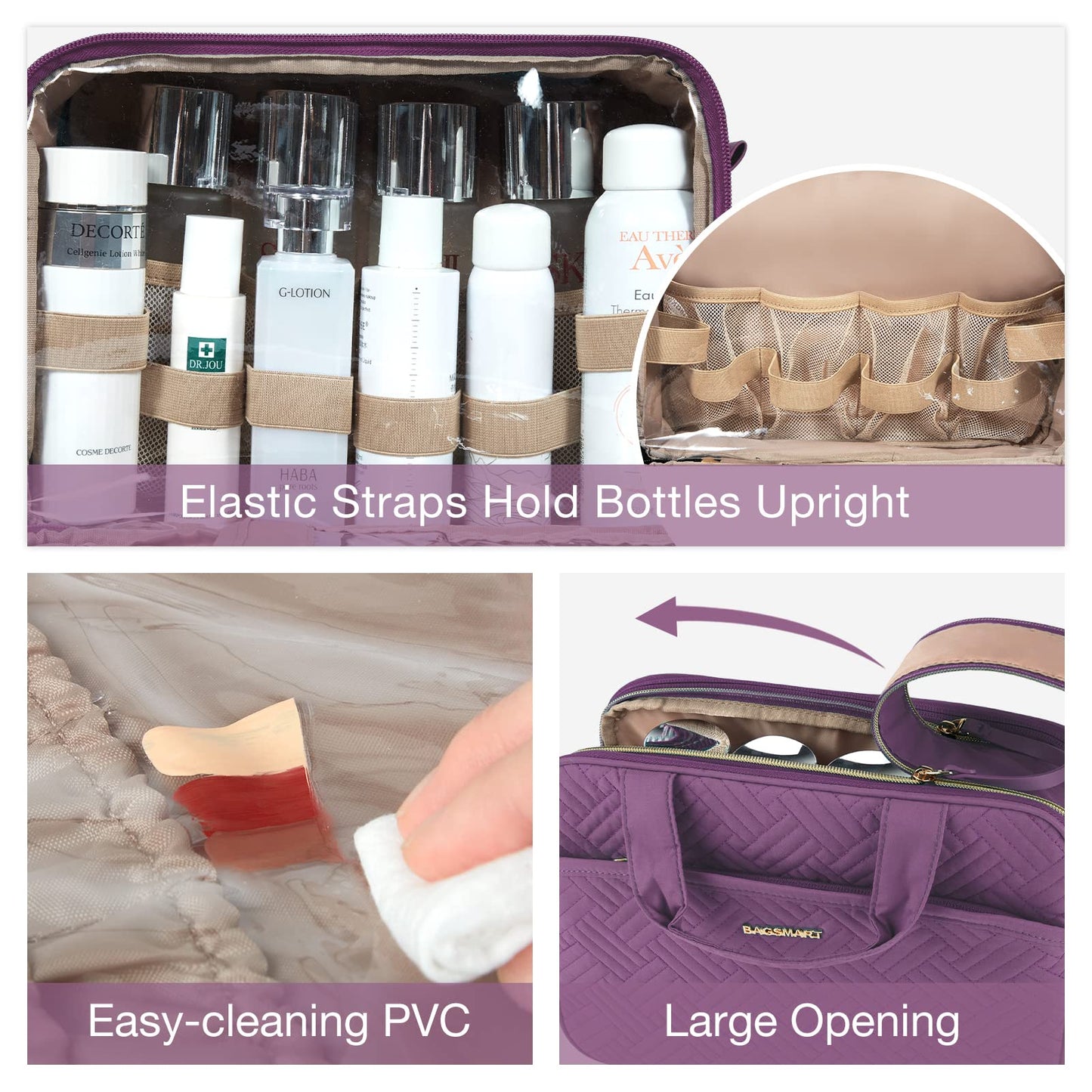 BAGSMART Large Toiletry Bag, Travel Makeup Organizer Water-resistant Makeup Cosmetic Bag Travel Bag for Accessories, Shampoo, Full Sized Container, Toiletries (Purple, Large)