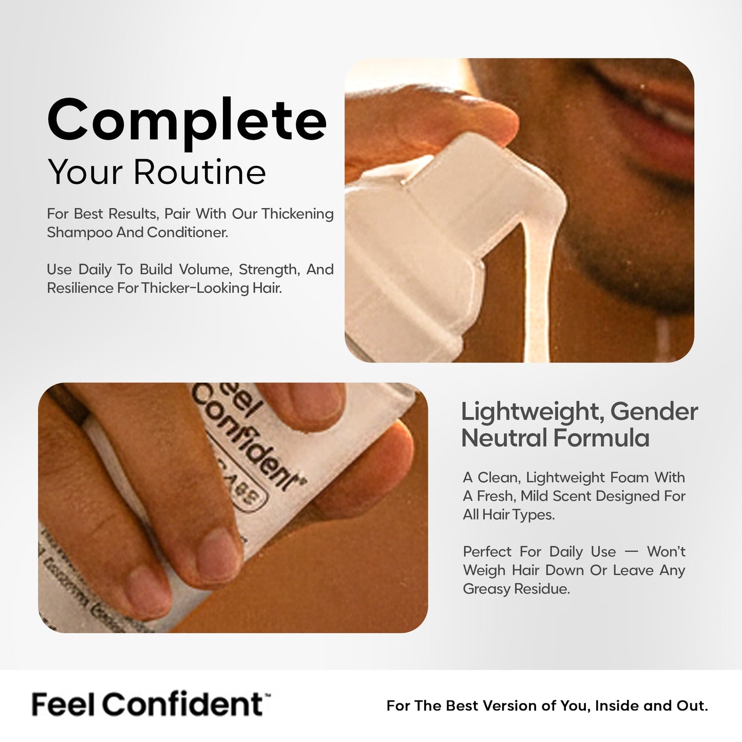 Feel Confident Thickening Foam - Hair Surgeon Formulated for Men & Women with Saw Palmetto, Pumpkin Seed Oil, Caffeine & Turmeric, Lightweight Volumizing & Styling Mousse for Fine or Thin Hair 1.7oz