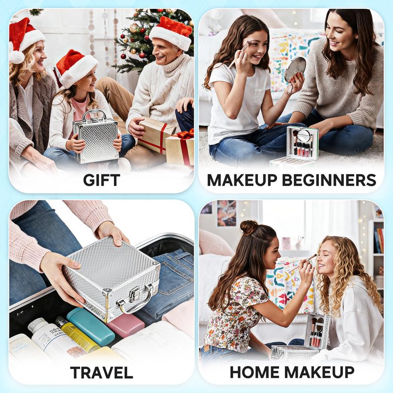 Color Nymph Beginner Makeup Kit For Teens With The Small Cosmetic Train Case Included 24-Colors Eyeshadow Palette Blushes Bronzer Highlighter Lipstick Brushes Mirror(Silver)