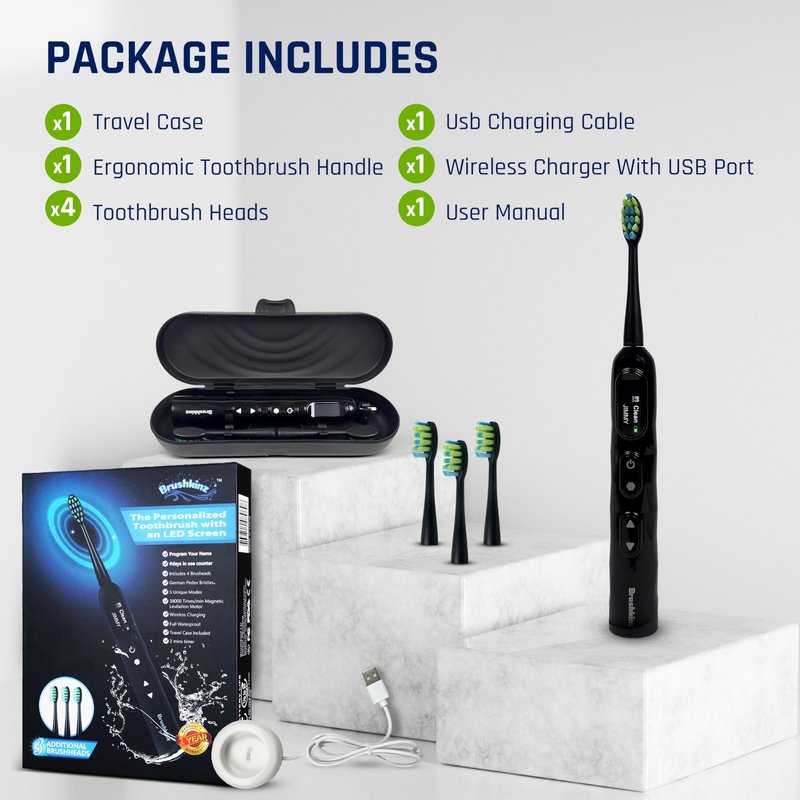 BRUSHKINZ Electric Toothbrush for Adults, Battery Operated Rechargeable Sonic Toothbrush, Travel Tooth Brush Set with 4 Replacement Toothbrush Heads & Case, Wireless Charging Lasts 90 Days, White