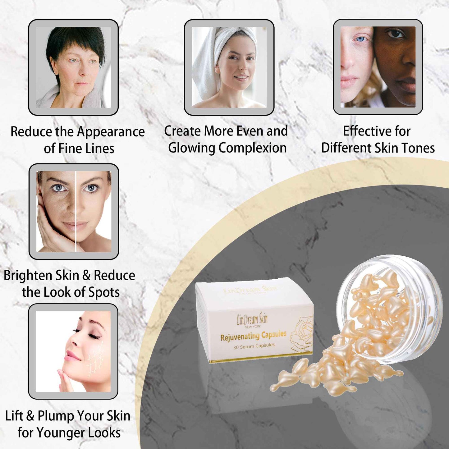 Serum Capsules for Face Skin Care - Boost Elasticity and Revive Collagen - Correction of Wrinkles and Tone Repair - Anti Aging, Hydrating, Lifting - 30 Capsules