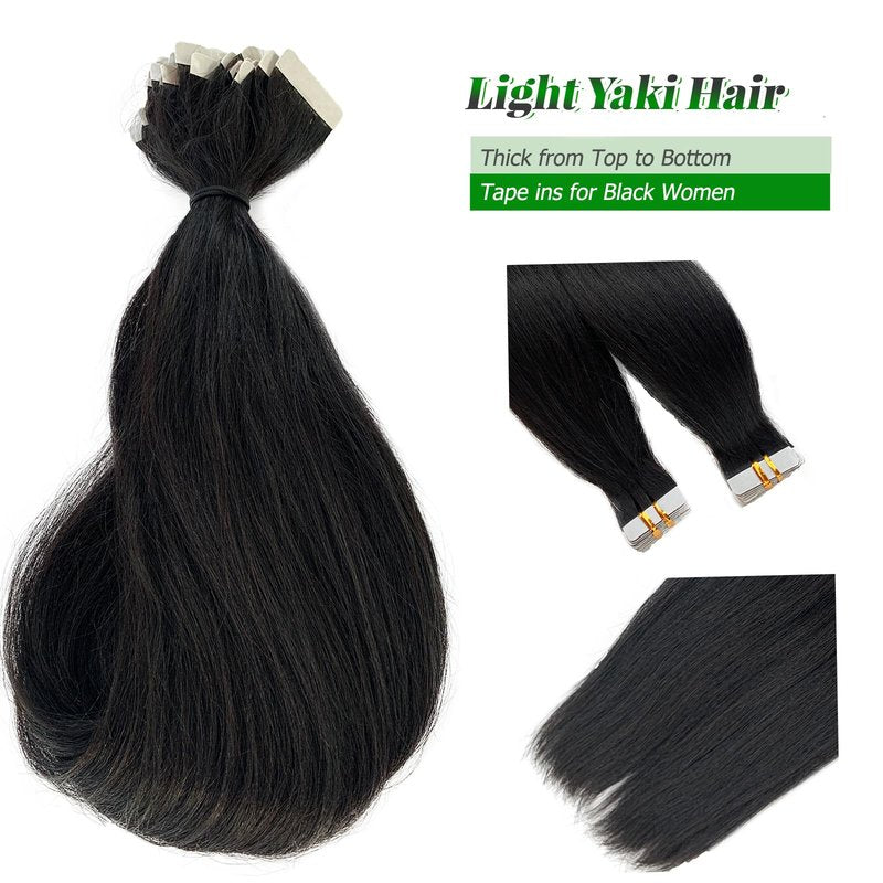 Yaki Tape in Extensions Human Hair Double Sided Relaxed Straight Black Real Remy Tape in Hair Extensions for Black Women Full Head 16 Inch Yaki Straight Tape in Bundles Natural Black 50g 20pcs