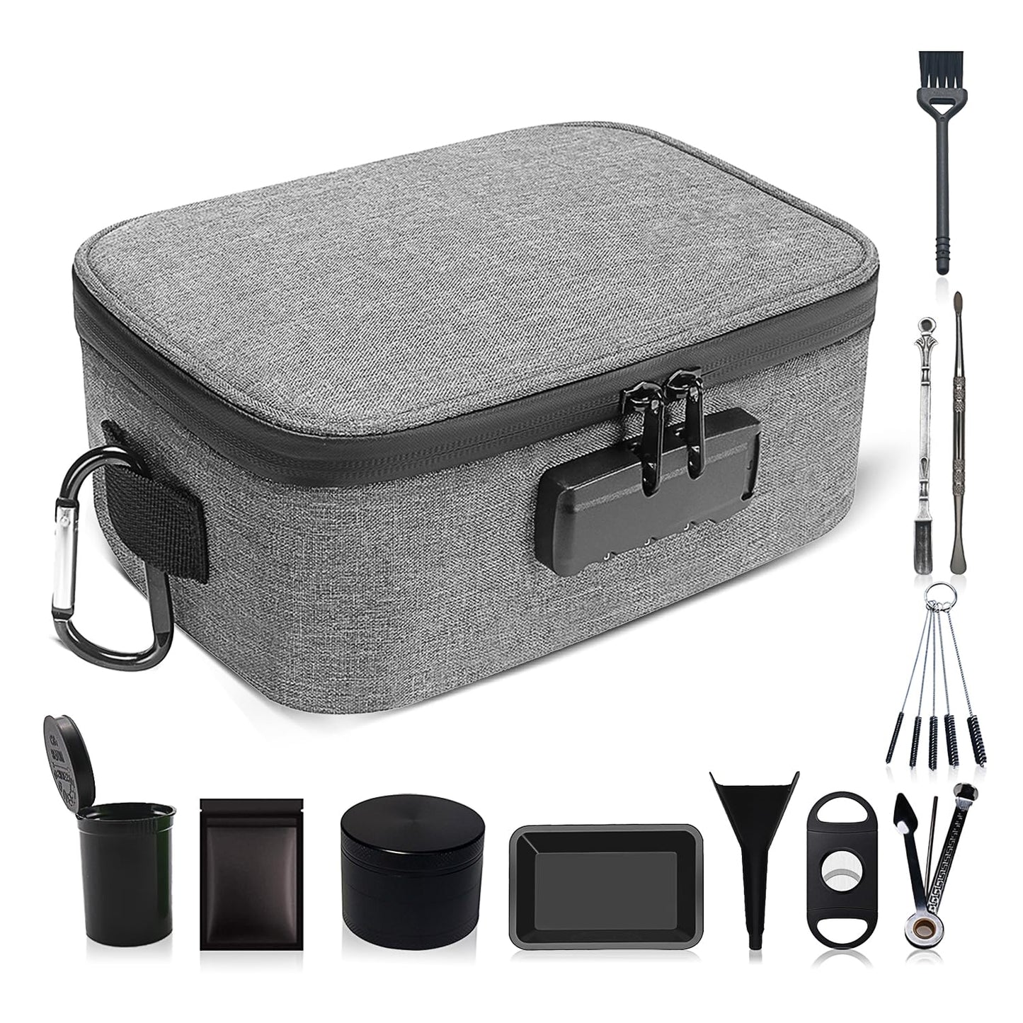 Grey Medium Size Smell Proof Storage Carrier Bag with 11 PCS Accessories, Water-Resistant file Organizers Box Case with Combination Lock, Medicine Container Pouch, Great Gift for Friends.