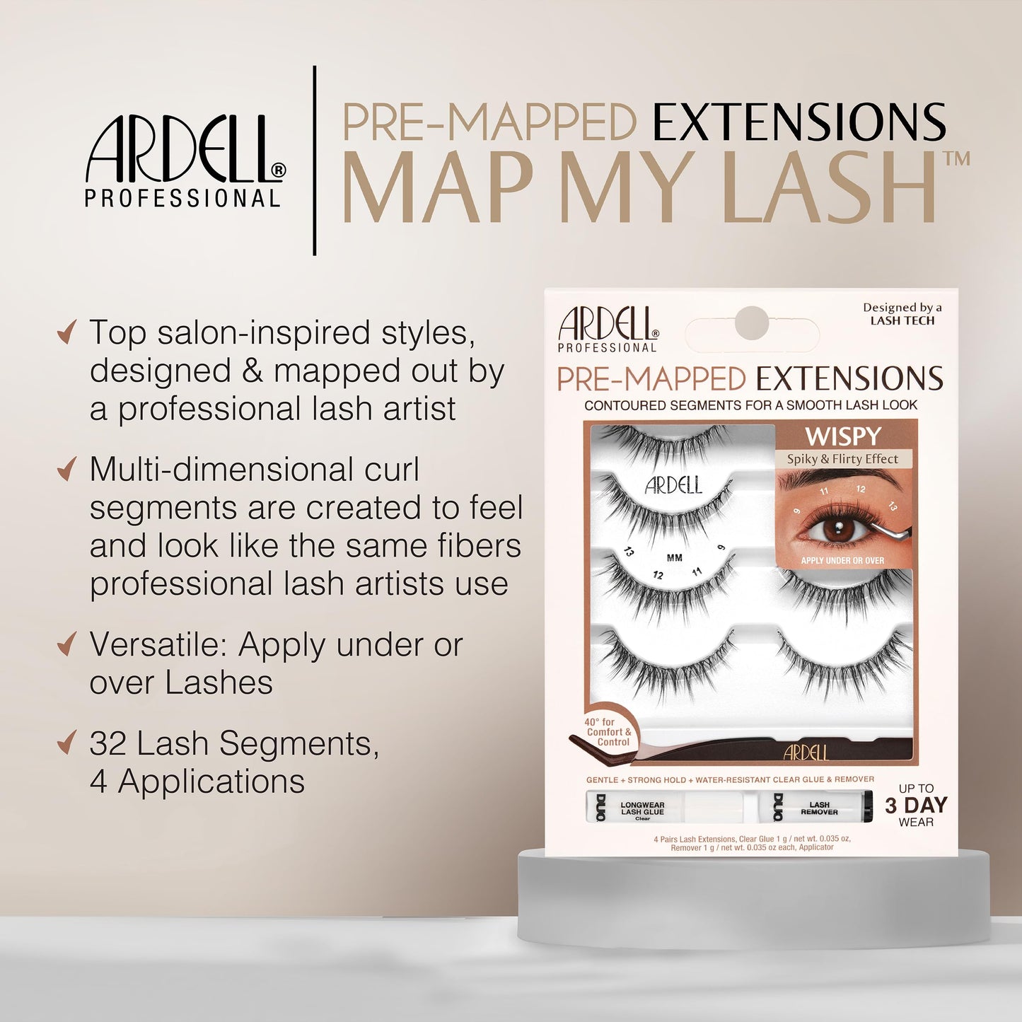 Ardell Pre-Mapped Eyelash Extensions Kit - False Lashes Wispy, Reusable Segmented Lash Strips, Long-Lasting with Lash Glue and Remover, 4 Pack