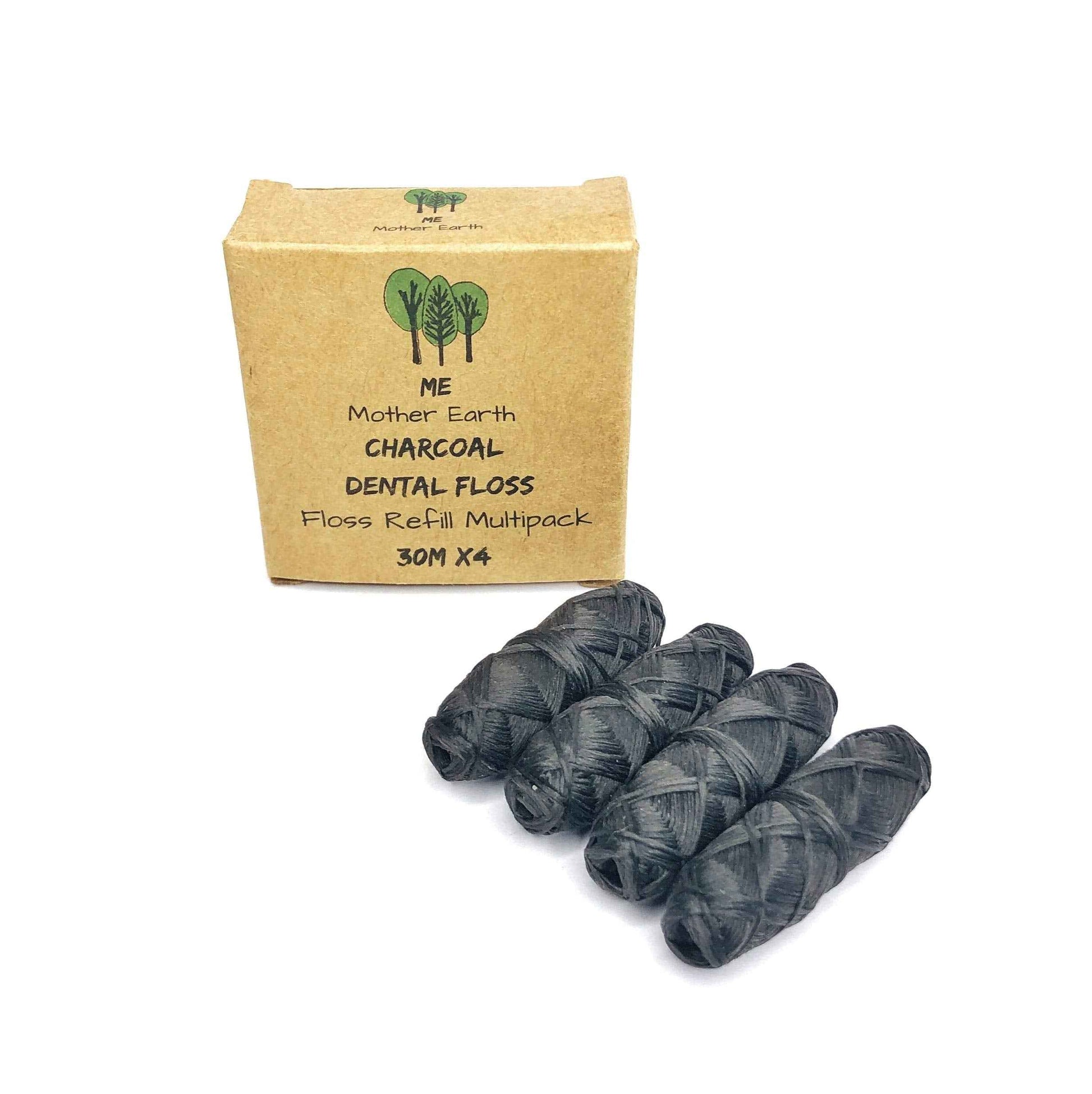 Vegan Biodegradable Bamboo Charcoal Dental Floss Refill Refill | Natural Candelilla Wax | 30M x4 | Peppermint Essential Oil | Eco Friendly Zero Waste Oral Care | 4 Pack