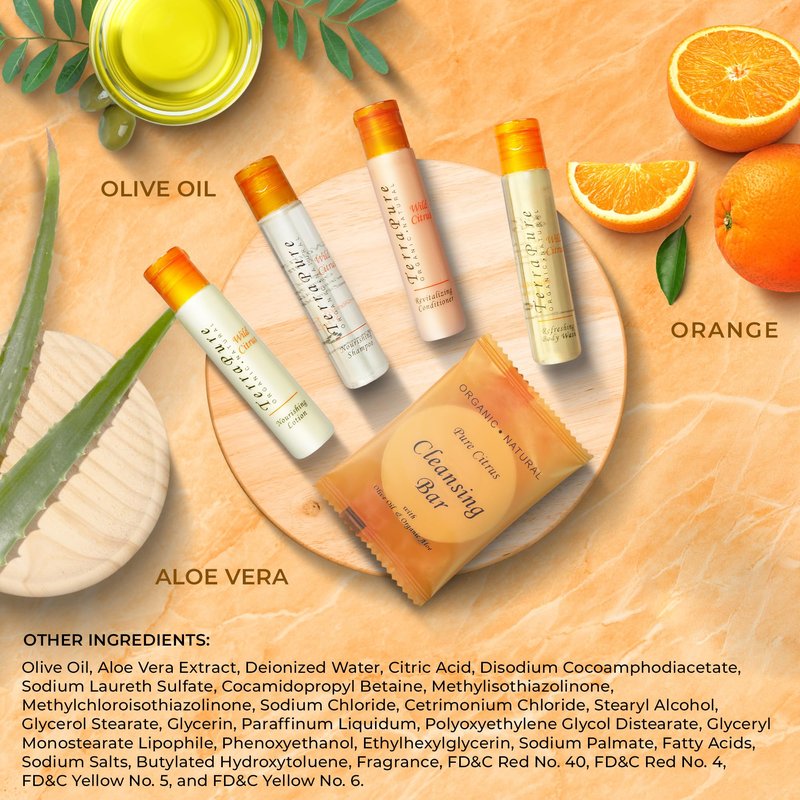 Terra Pure Wild Citrus Toiletries Set | 1-Shoppe Amenities Kit | 1oz Shampoo, Conditioner, Body Wash, Lotion, 1oz Bar Soap | 75 Pieces