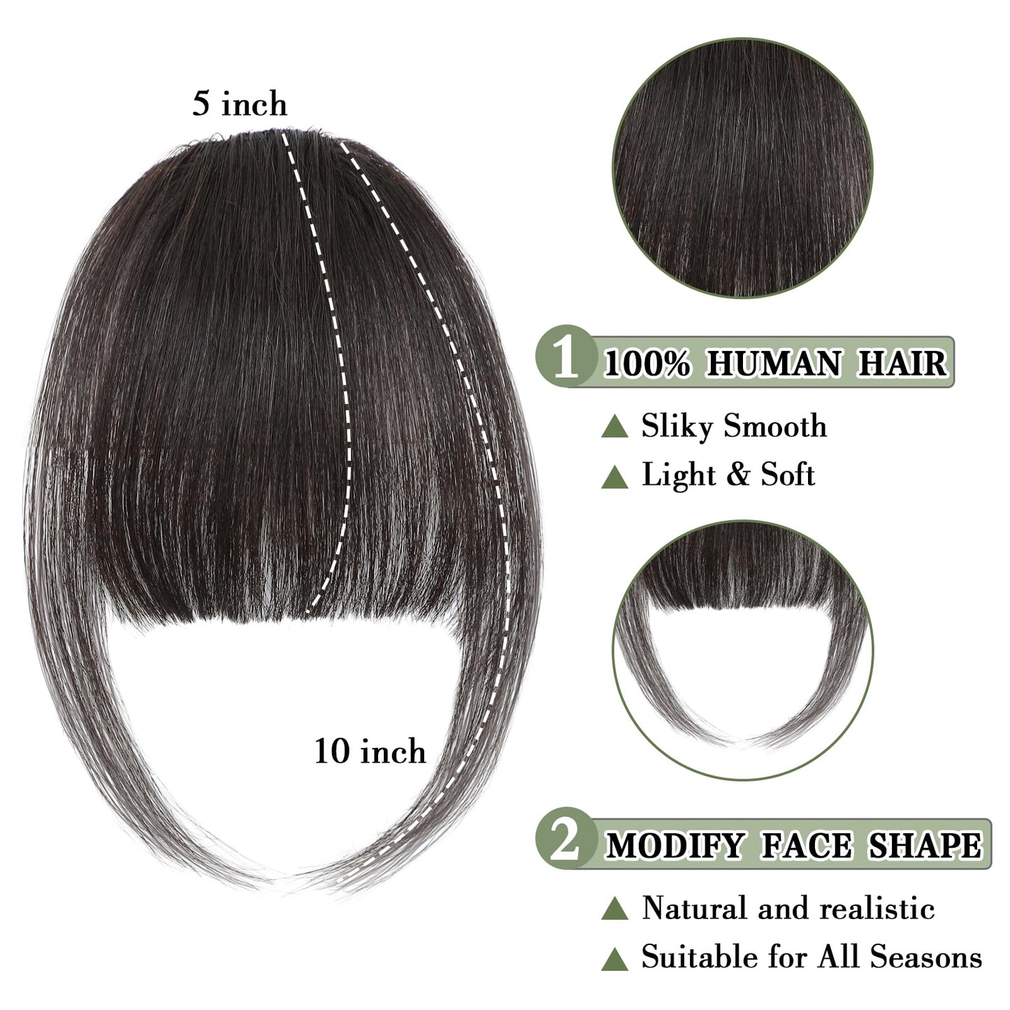 Carendia Bangs Hair Clip Human Hair Natural Black French Bangs for Women Fringe with Temples Hairpieces (Brown Black, 3D Bangs)