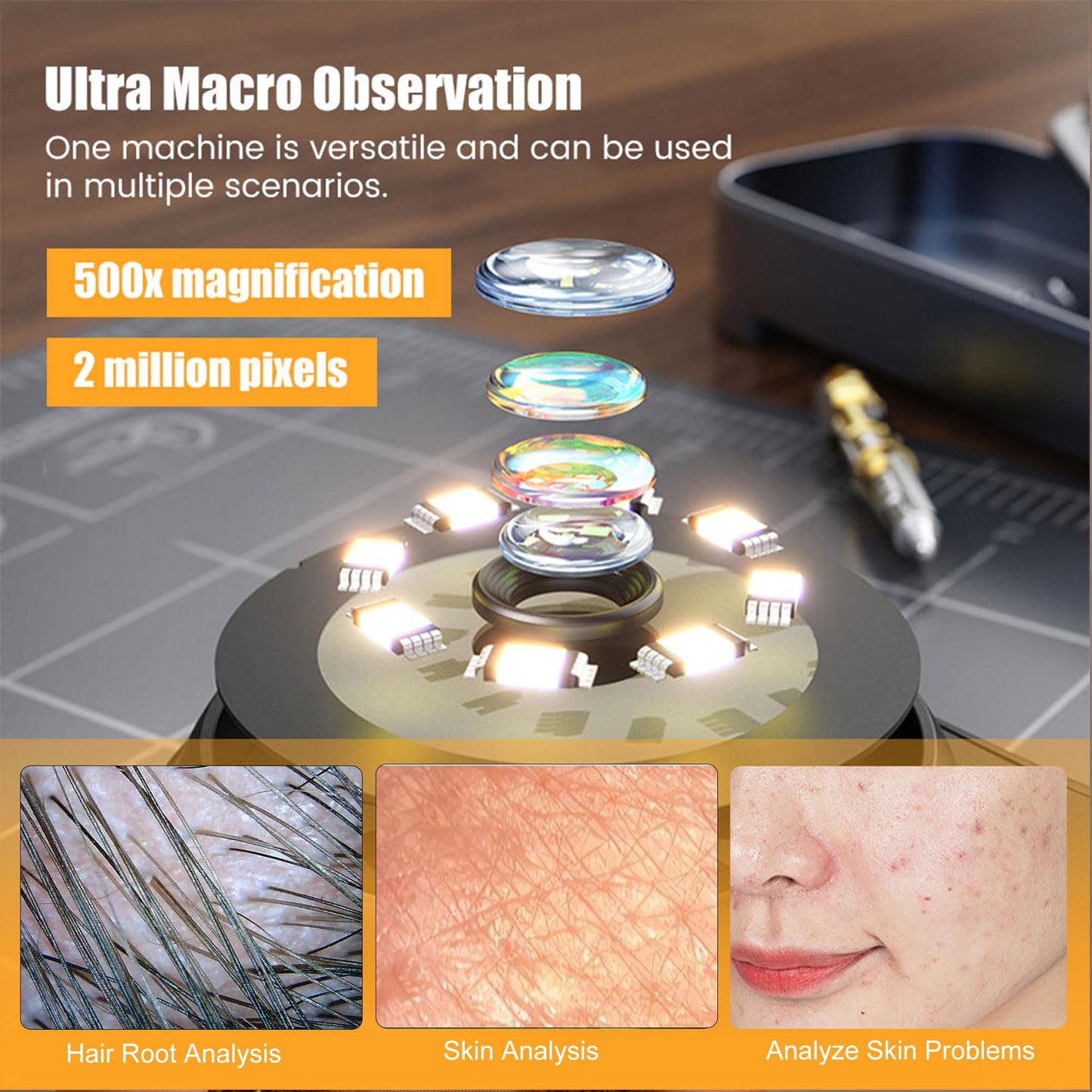 JBMBHC Handheld Dermatoscope Skin Analyzer Machine, Wireless Portable Digital Microscope with 1080P IPS Screen 8 LEDs, 500X Magnifier, for Scalp/Hair Trichomes Facial Skin Dermatoscope