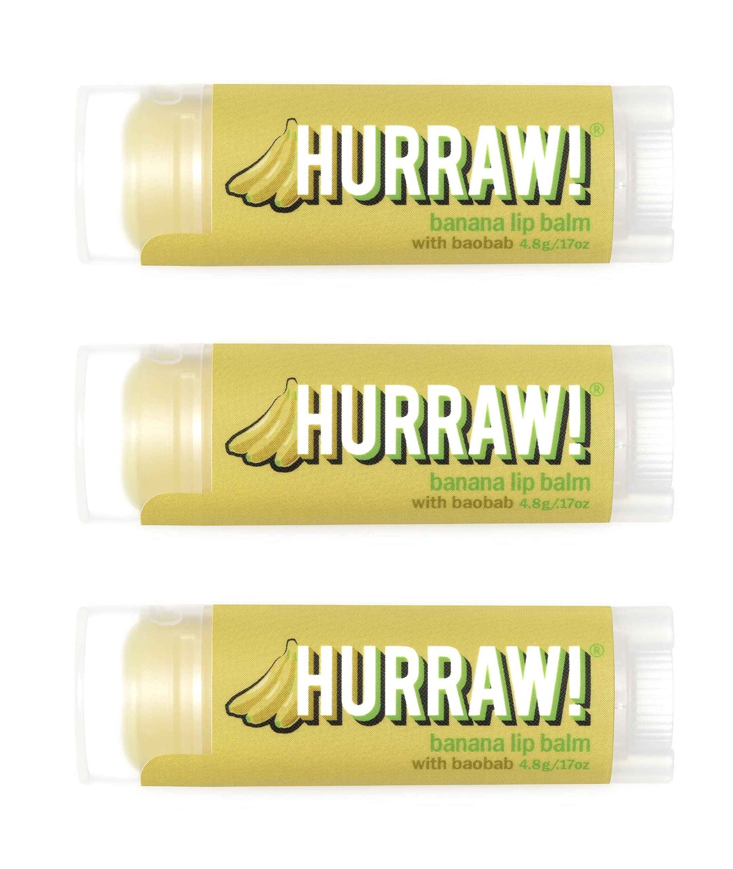 Hurraw! Banana Lip Balm, 3 Pack: Organic, Certified Vegan, Cruelty and Gluten Free. Non-GMO, 100% Natural Ingredients. Bee, Shea, Soy and Palm Free. Made in USA