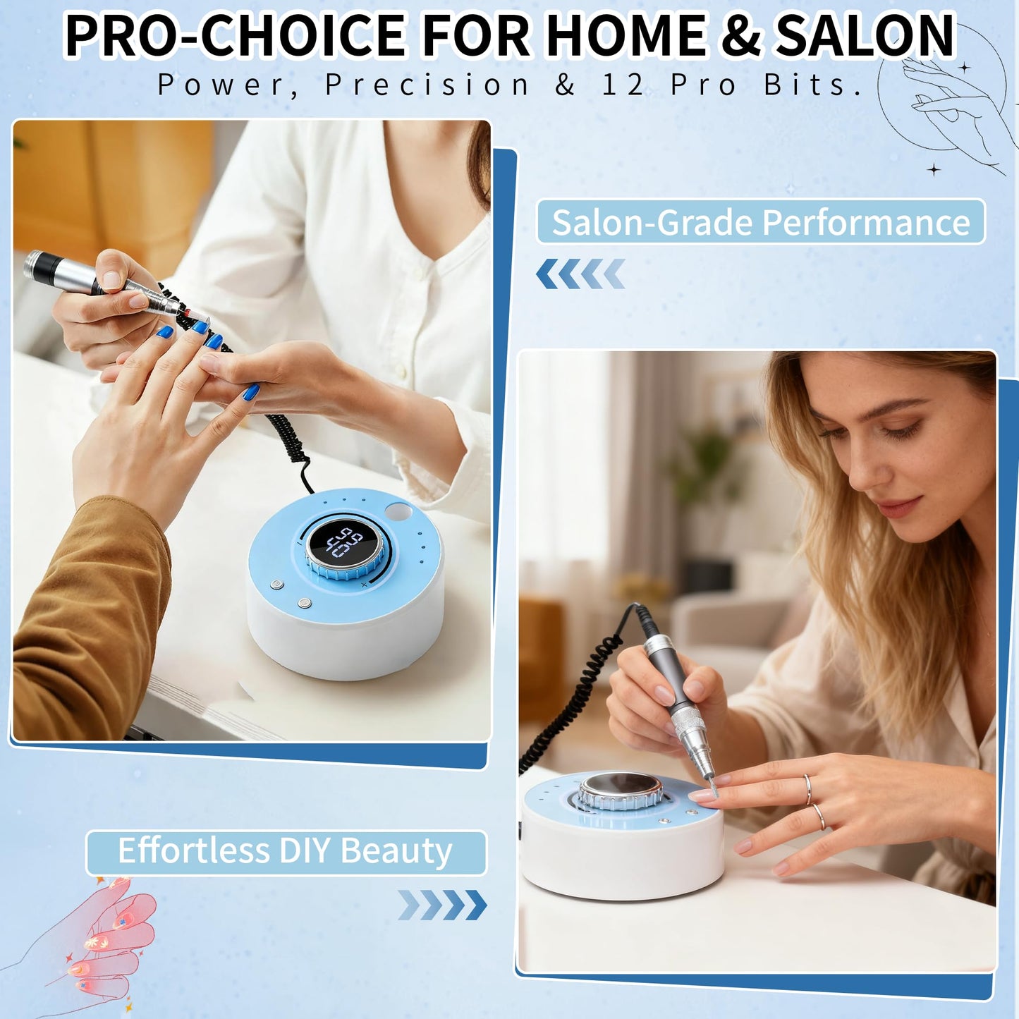 Electric Nail Drill Kit Professional 40000 RPM Nail Grinder, Rechargeable Ultra Power with 12 Pro Salon-Grade Bits for Acrylic Nails Remove, for Salon & Home