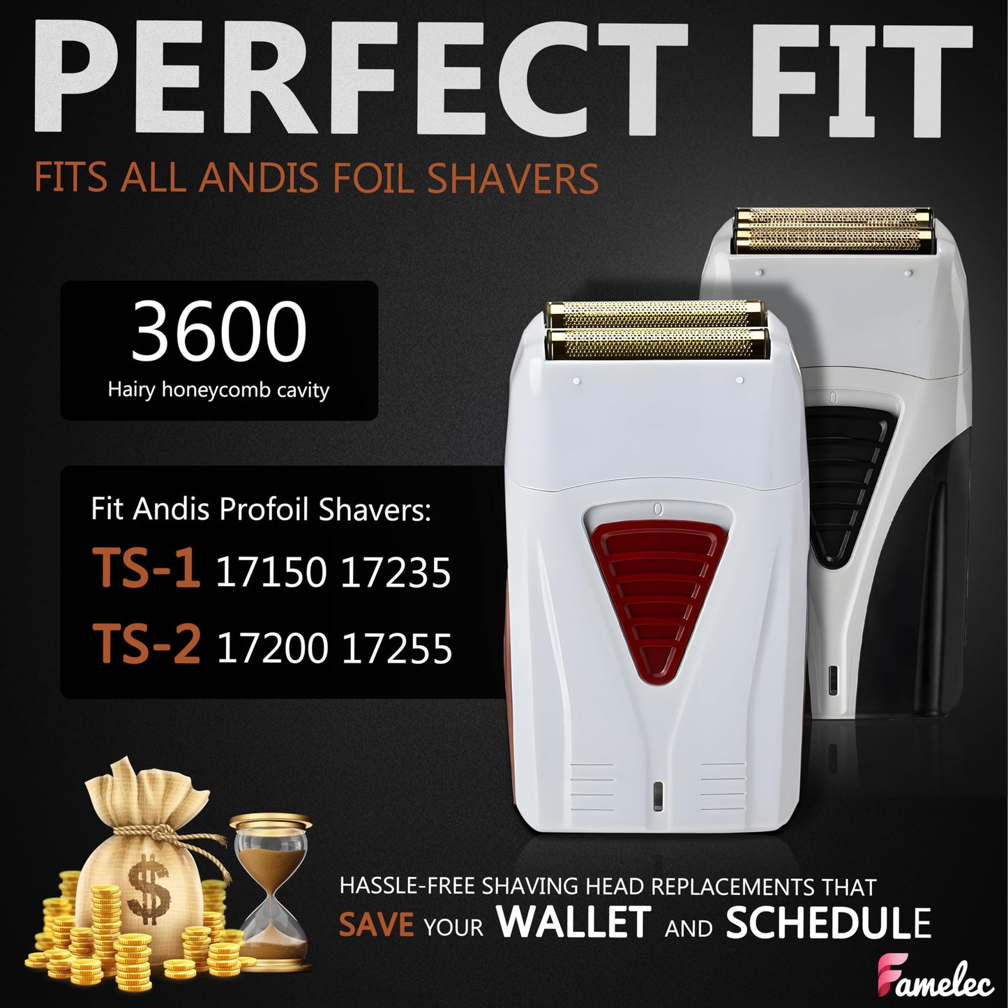 FAMELEC Replacement Heads for Andis Shaver Pro-Foil & Lithium - Super Soft Gold Titanium Cutters for Andis Foil Shaver Replacement TS1 17150 17235 17220 TS2 17200, Compatible with Razor Blades