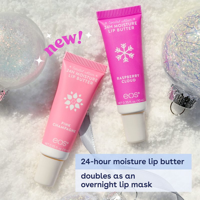 EOS Limited Edition Holiday Lip Balm, Raspberry Cloud & Blackberry Bellini, All-Day Moisture, Made for Sensitive Skin, 0.14 oz, 2-Pack, Clear