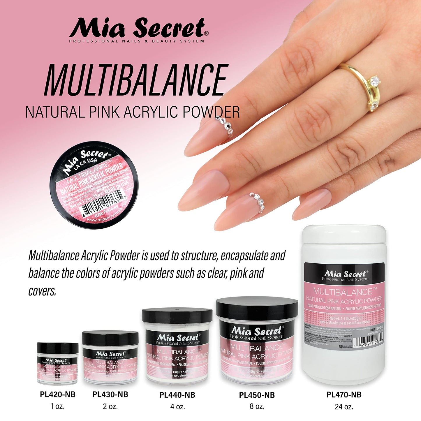 Mia Secret Multibalance Natural Pink Acrylic Nail Powder 8oz