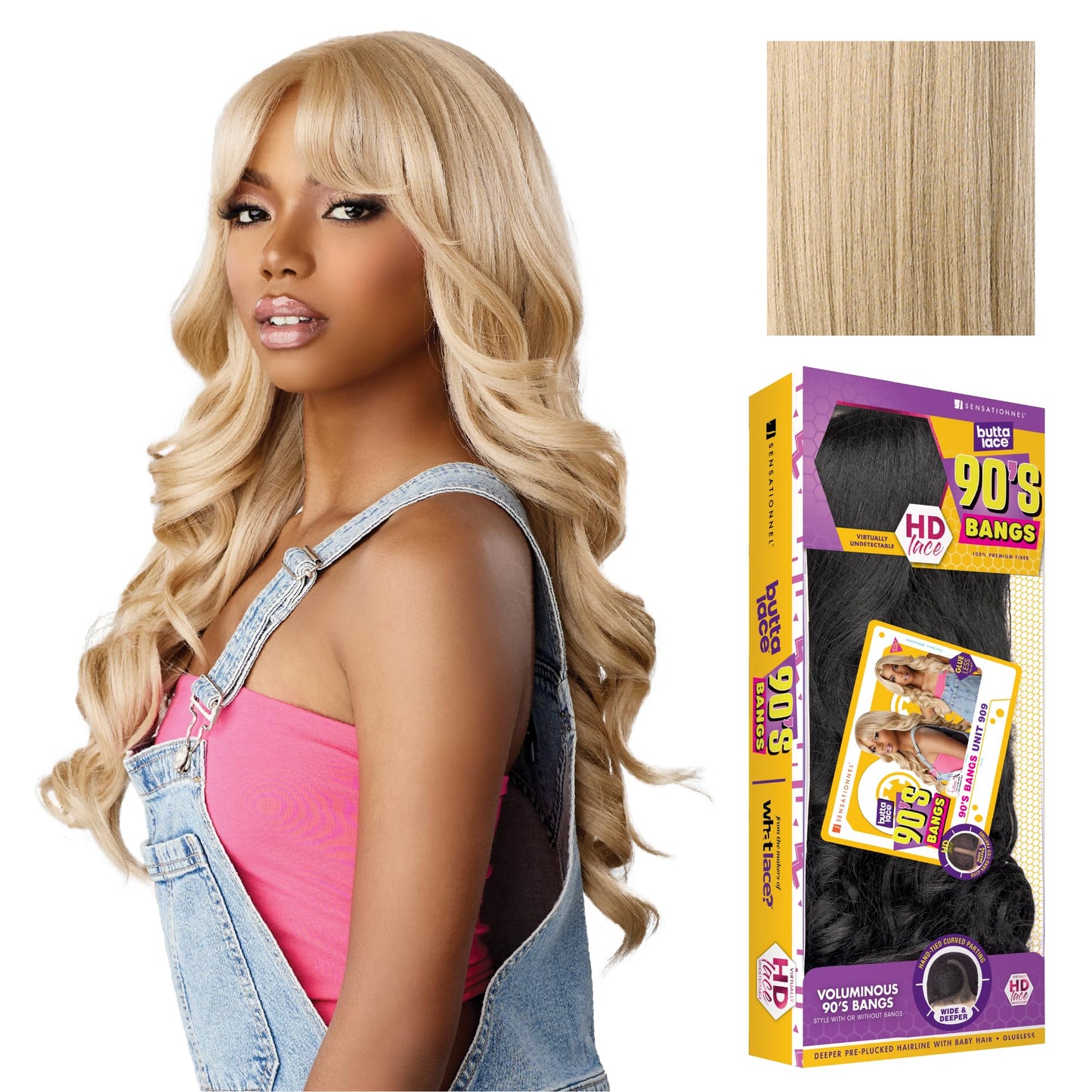 Sensationnel Butta Lace 90Sbangs Wigs - Unit 909 Glueless Wide Deep Part Synthetic Preplucked Hairline (BEIGEBLONDE)