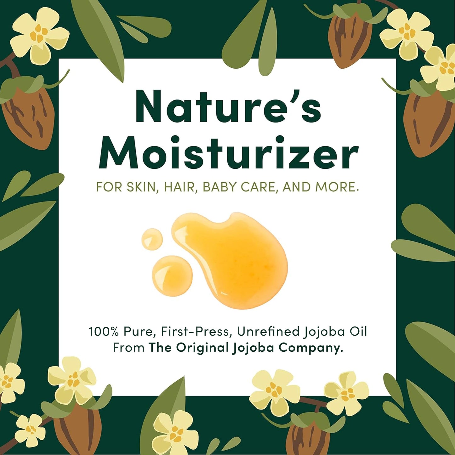 HobaCare Unrefined Jojoba Oil for Skin Care, Hair, Beard Conditioning, Scalp Massage - 100% Pure Carrier Oil for Perfume or Soap Making - Natural, Vegan, Hexane Free, Long Shelf Life (32 oz)