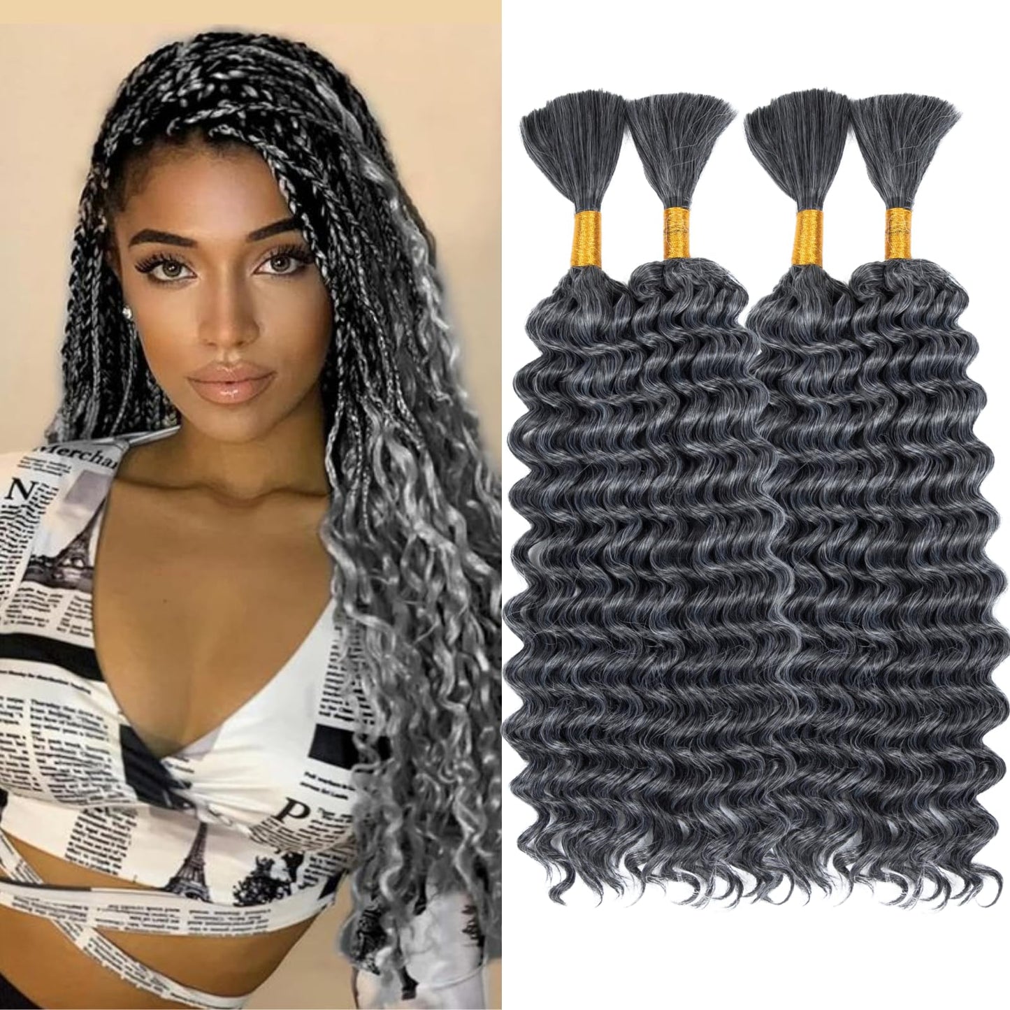 Deep Wave Bulk Hair 4 Bundles/Pack 300g 18 Inch No Weft Deep Wave Bulk Hair for Braiding Extensions for Boho Braids Natural Black Wet and Wavy (18inch P27/30# 4Bundles）