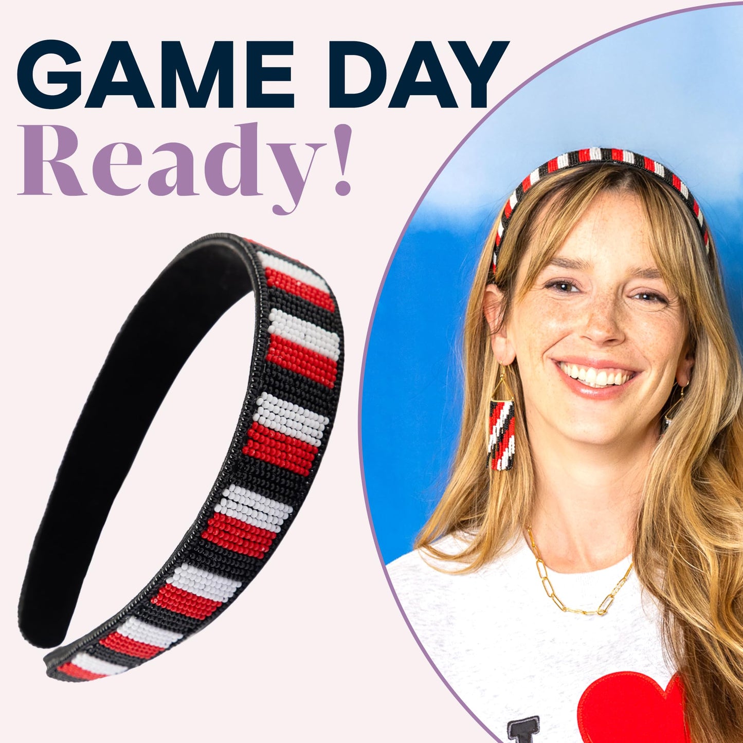 INK + ALLOY Game Day Striped Beaded Headband – Handcrafted Statement Hair Accessories for Sports Fans – Perfect for Gameday (Red + Black)