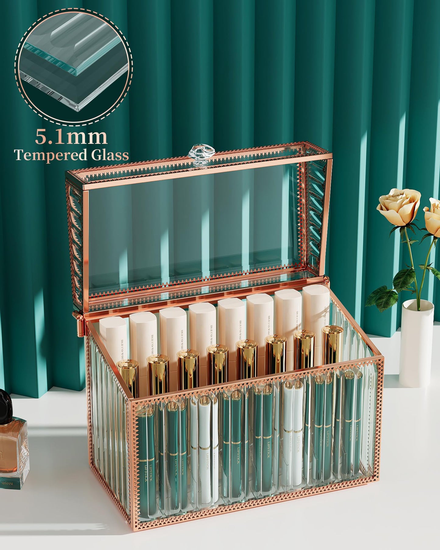Youdepot Lipstick Organizer Lipstick Holder - 24 Spaces, Tempered Glass Lip Gloss and Perfume Organizer,Vanity Lipstick Holder and Organizer.