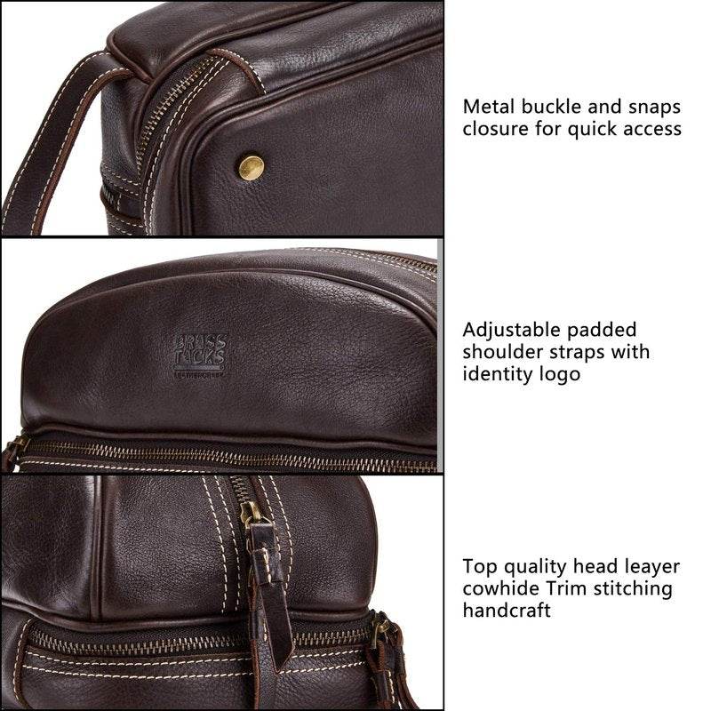 BRASS TACKS Leathercraft Travel Toiletry Organizer Dopp Kit Water-resistant Genuine Leather Shaving Bag for Toiletries Accessories For Men Women (Dark Brown)