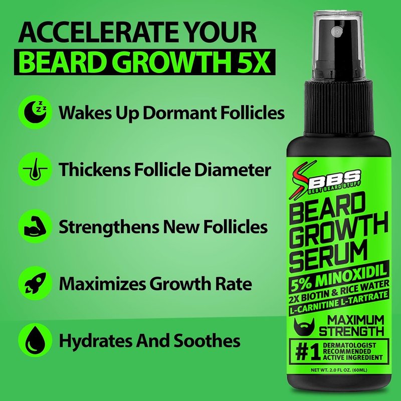 Minoxidil Beard Growth Serum - 5% Formula with 2X Biotin & Rice Water for Thicker, Fuller Facial Hair | Ideal for Patchy Areas