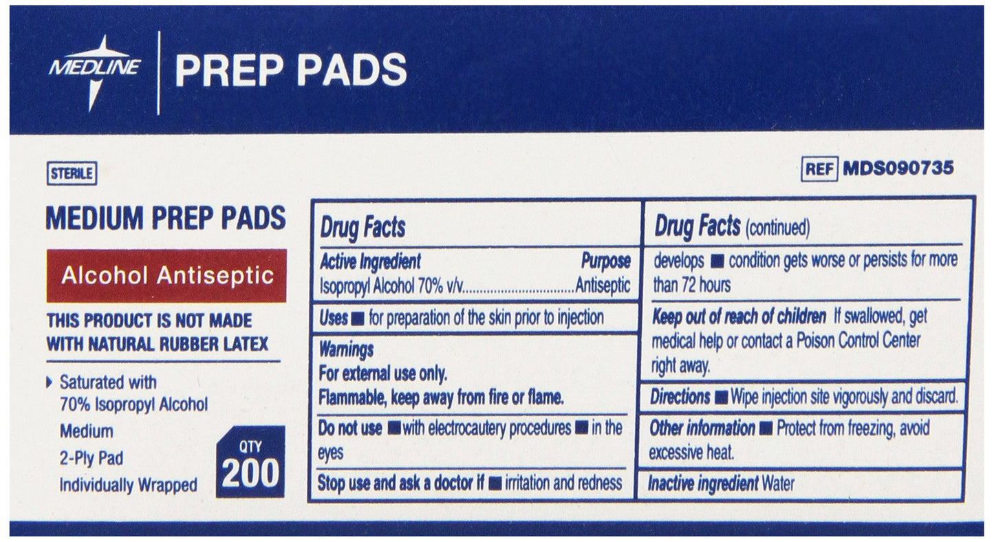 Medline Isopropyl Alcohol Pads, Sterile, Medium, Box of 200